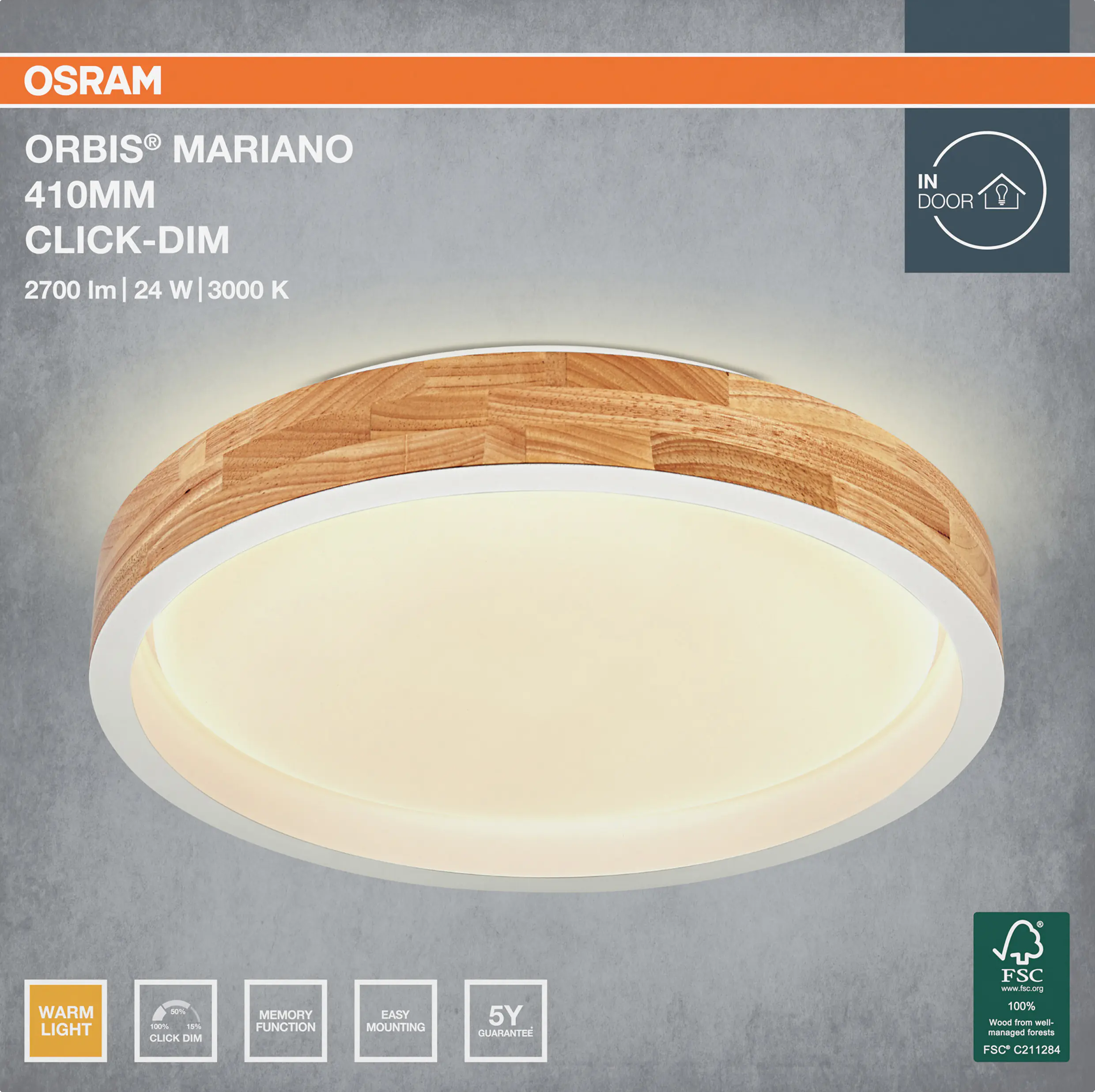 Osram LED-Deckenleuchte Orbis Mariano Ø 41 cm 24 W Holzdekor weiß dimmbar