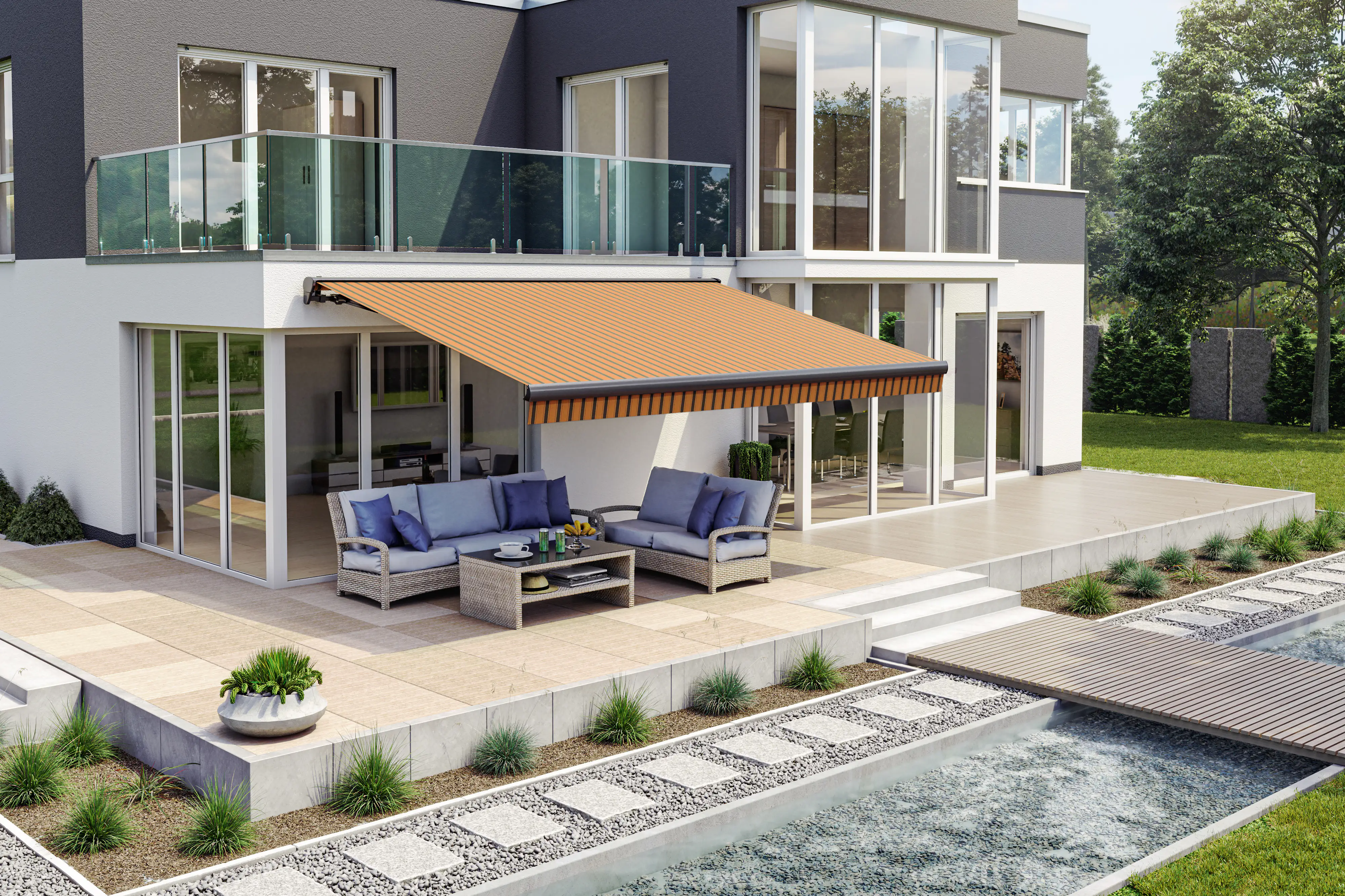 Teilhülsenmarkise orange-braun gestreift  Teilhülsenmarkise orange-braun gestreift