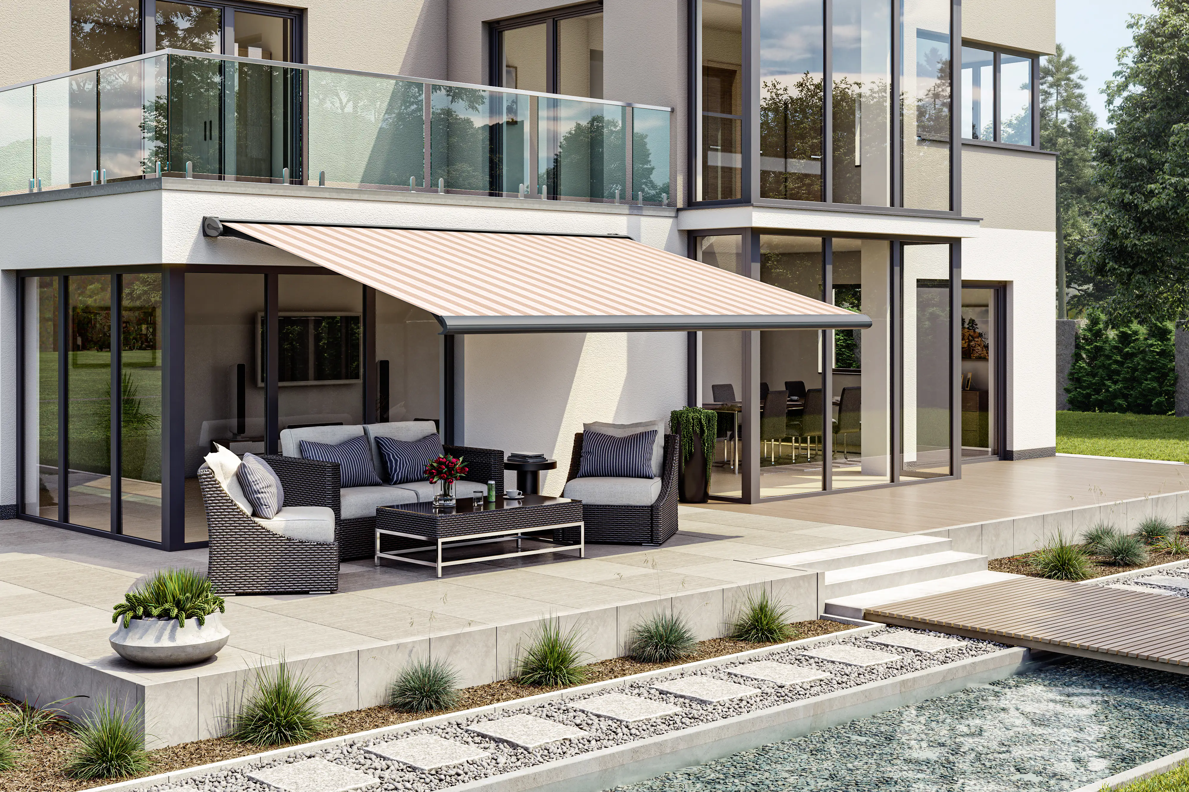 Kassettenmarkise S-Compact braun-beige gestreift inkl. Motor, Aufputzschalter