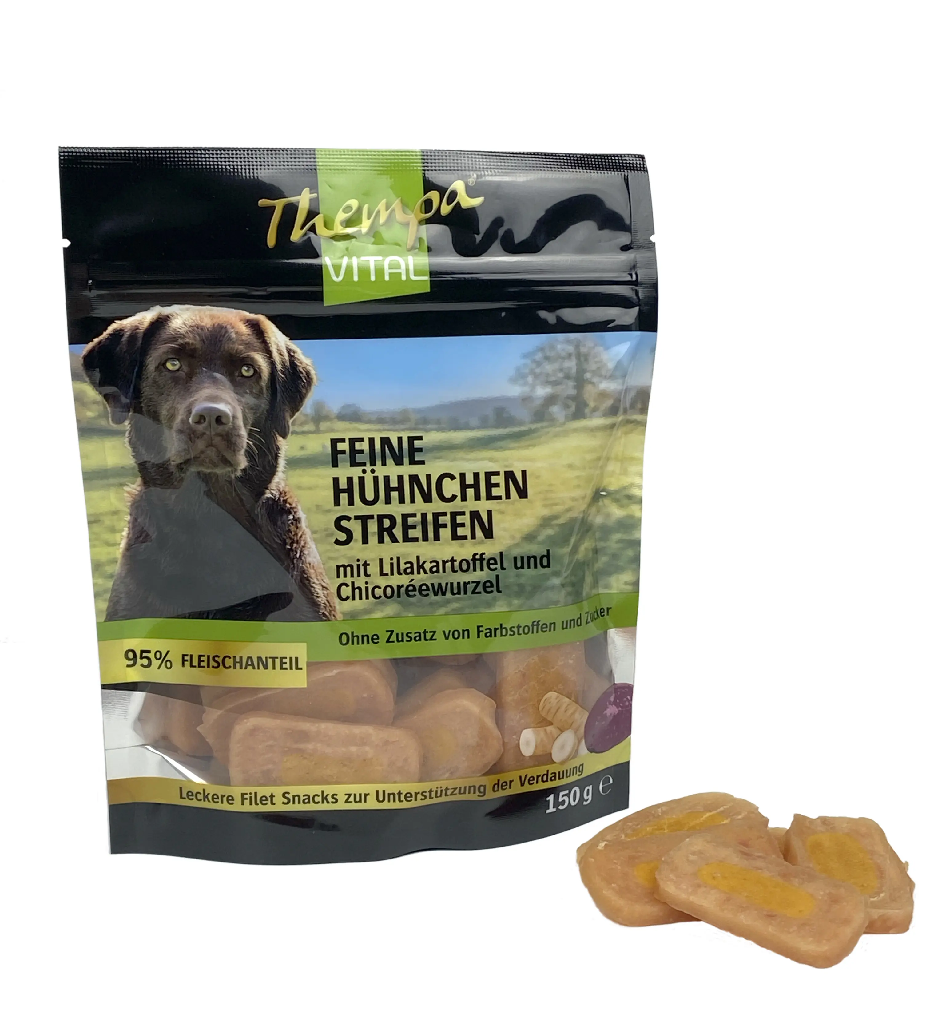 Thempa Vital Hundesnack Adult Hühnchenstreifen mit Lilakartoffel 150 g Thempa Vital Hundesnack Adult Hühnchenstreifen mit Lilakartoffel 150 g