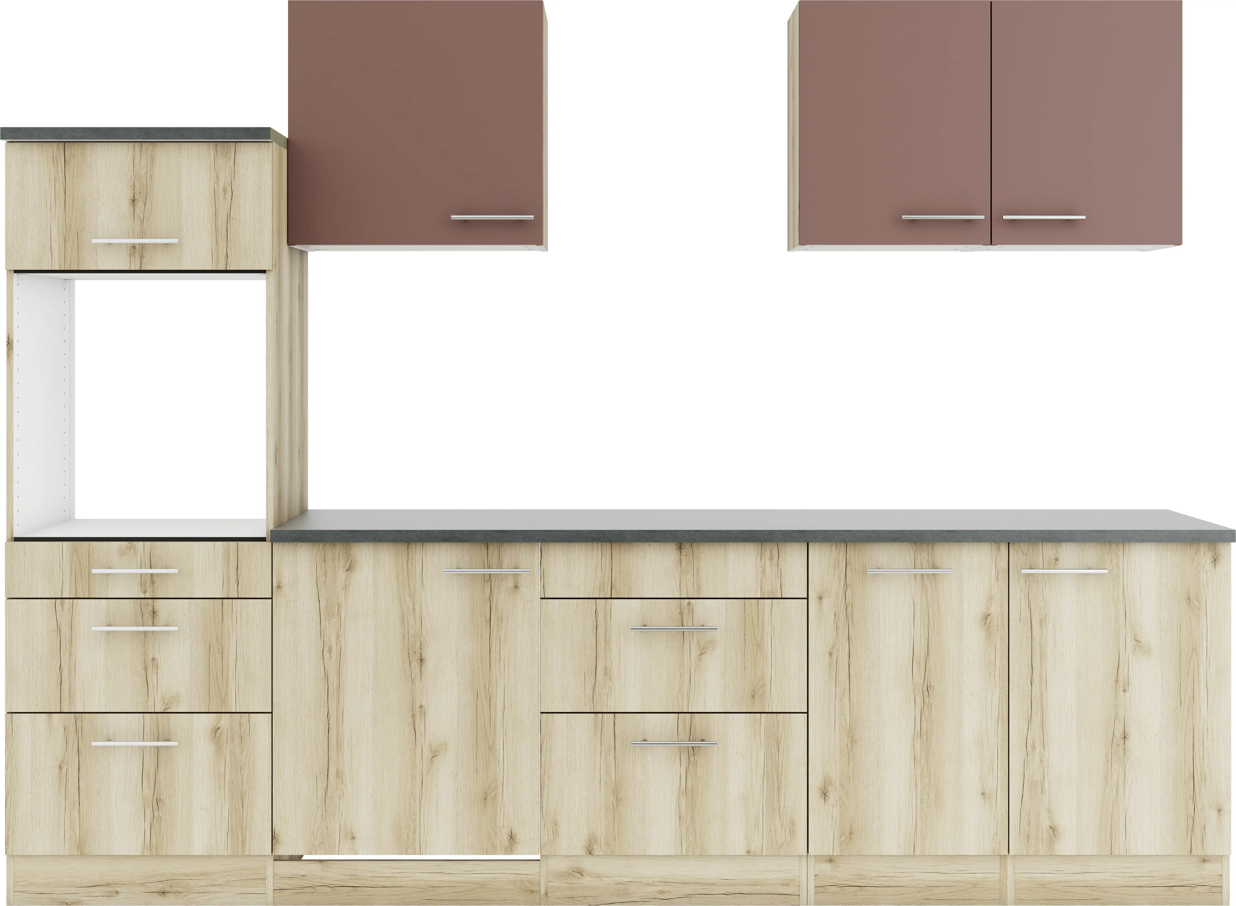 Optifit Küchenzeile Bari 407/Livorno 290 ohne Geräte rostrot/wildeiche 270 cm