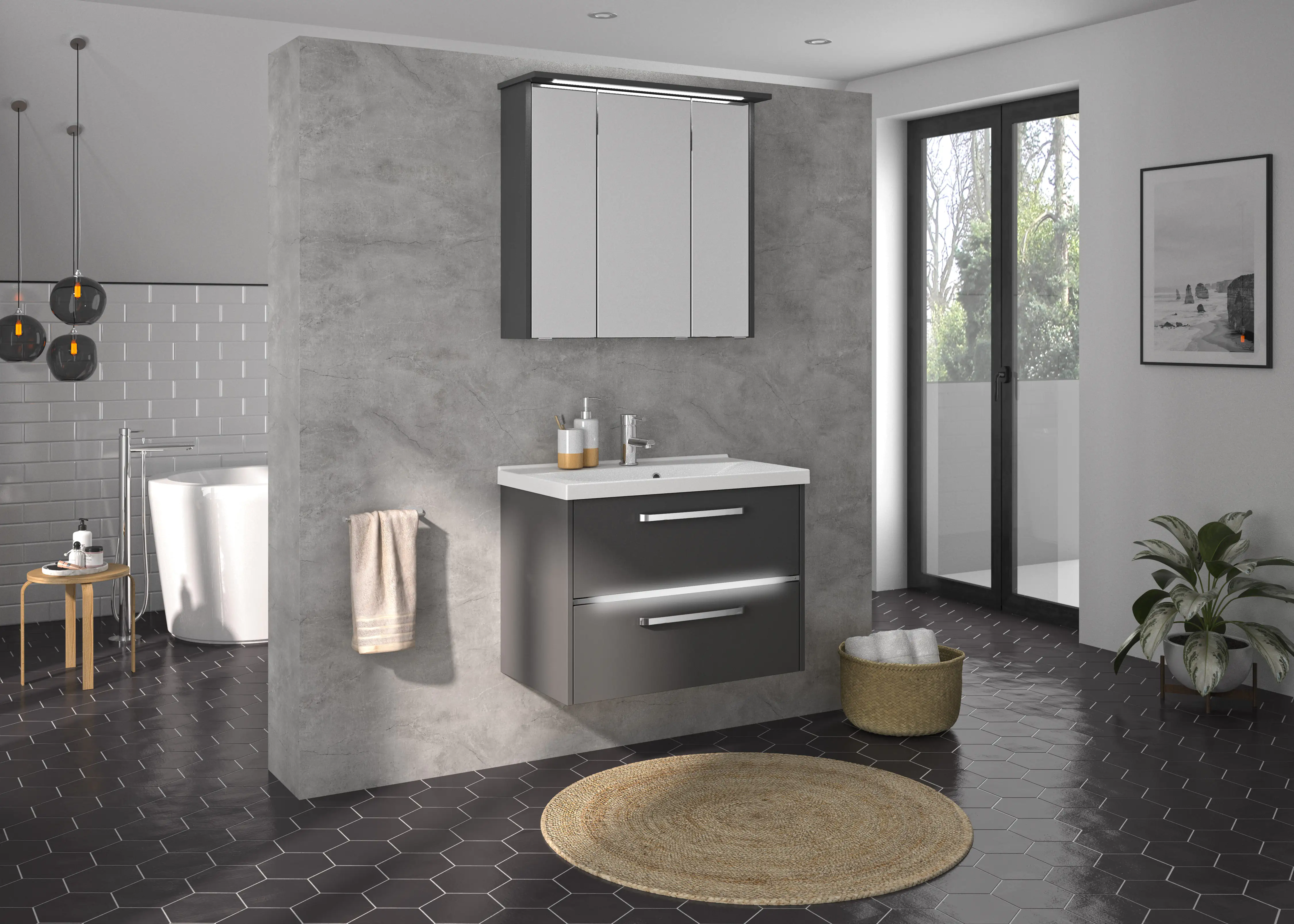 Primaster Badmöbel-Set Berlin grau 77 cm Twin LED, Mineralgusswaschtisch