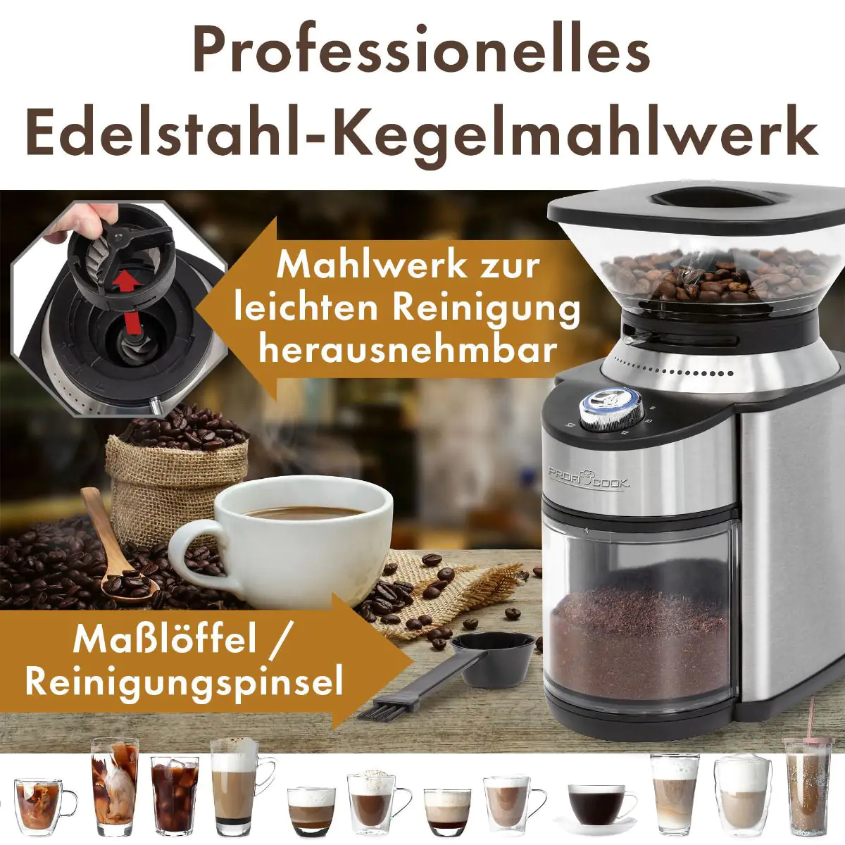 Proficook elektrische Kaffeemühle PC-EKM 1205 Edelstahlmahlwerk, 200 Watt