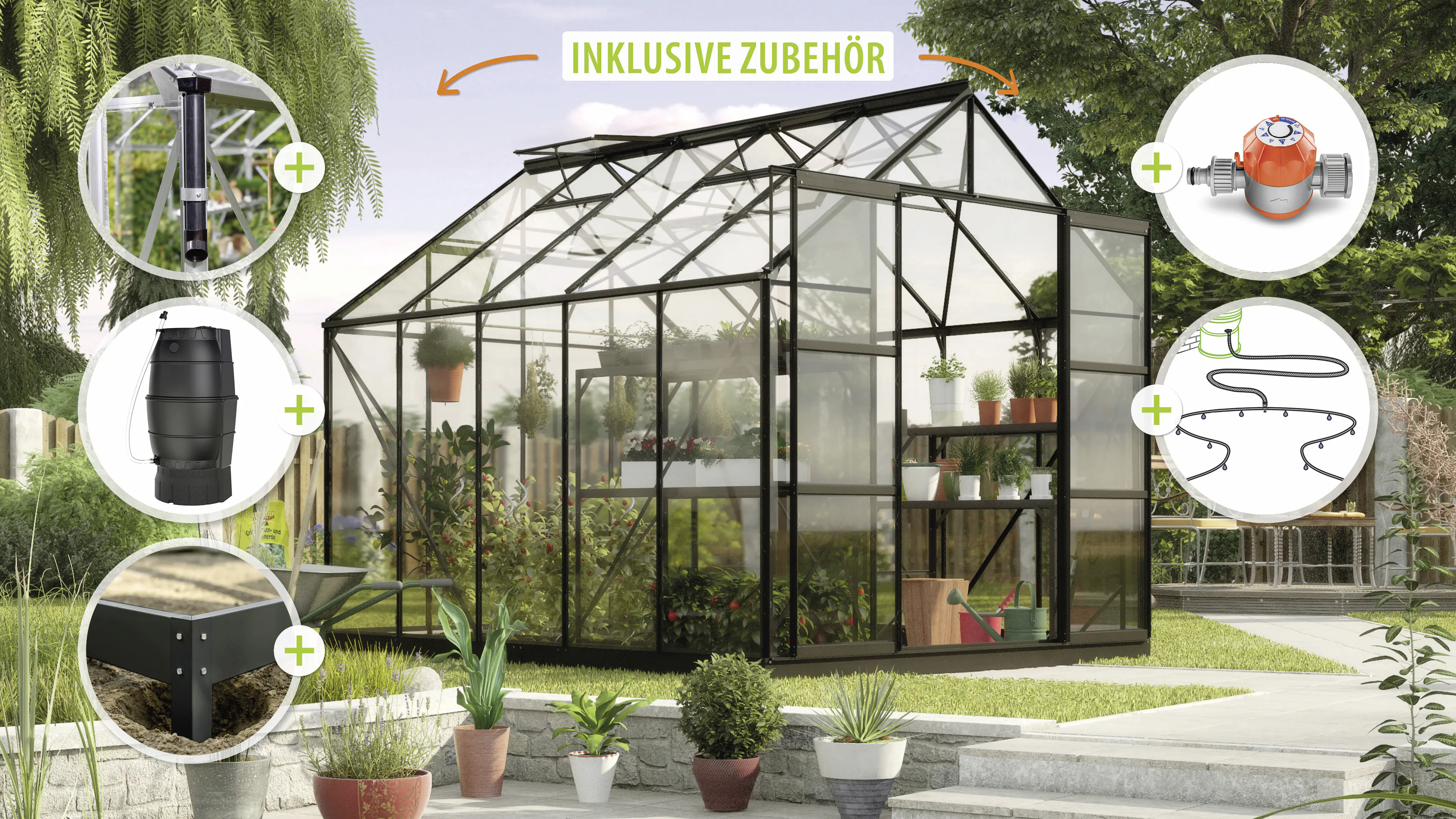 Vitavia Gewächshaus-Set Uranus 8300 ESG 3 mm schwarz 254 x 317 cm 