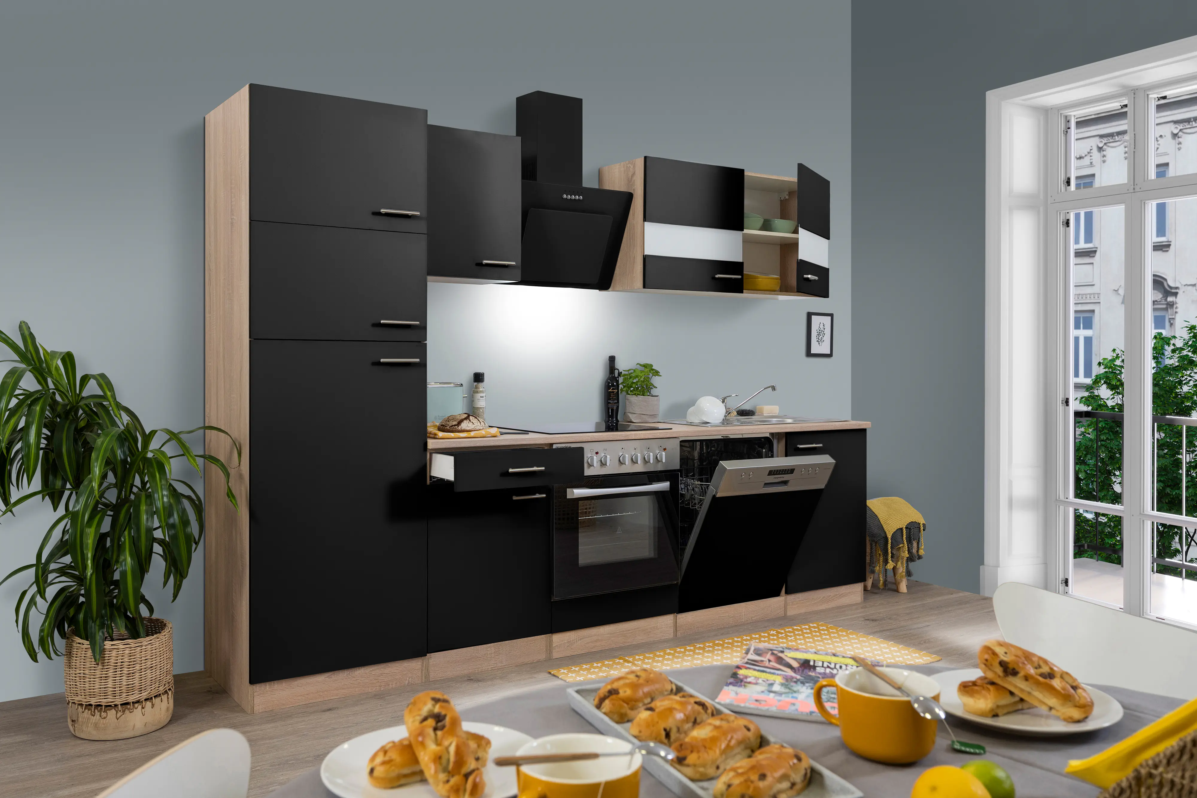 Respekta Economy Küchenblock 280 cm schwarz, Eiche Sonoma, KB280ESSCGKE