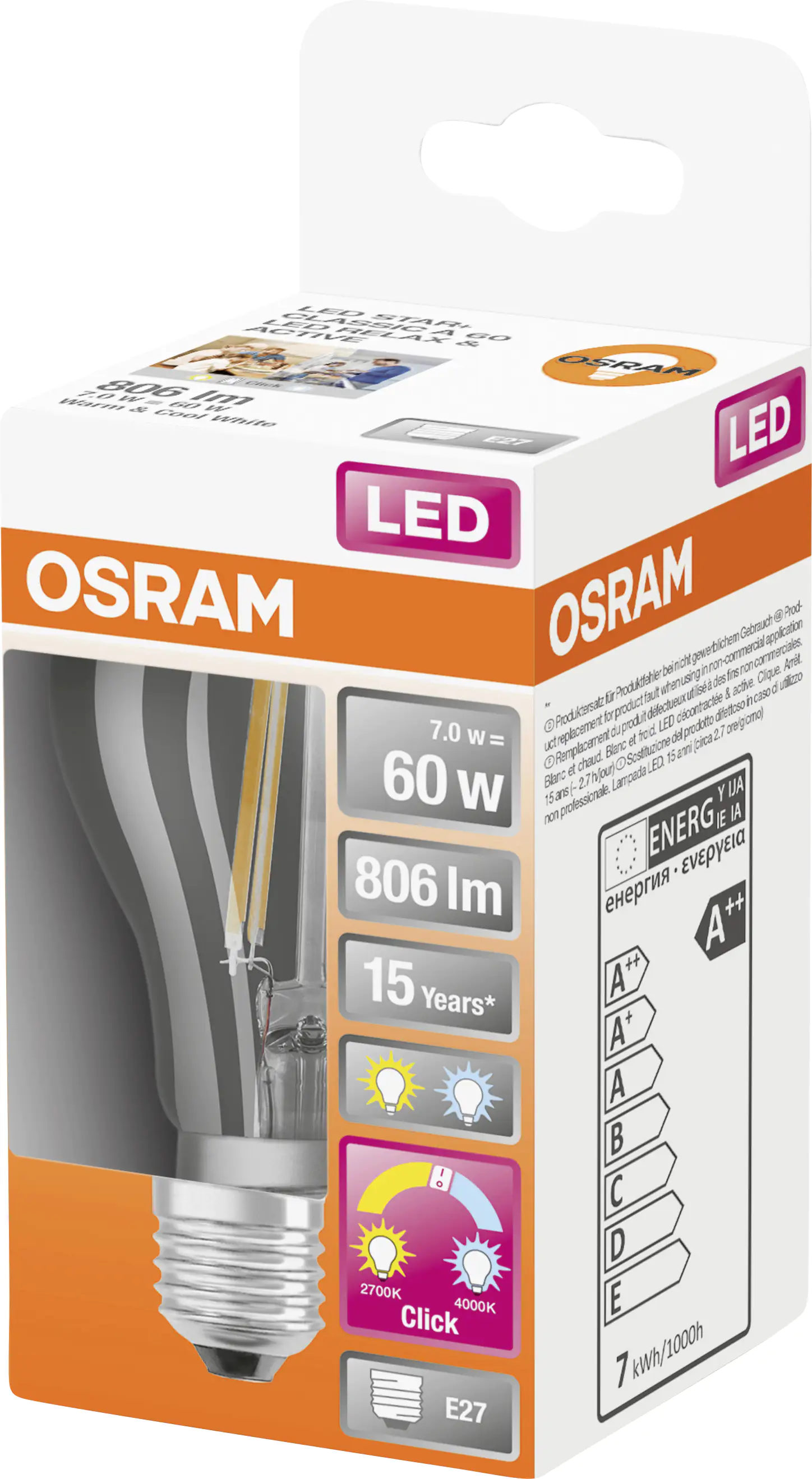 Osram LED Leuchtmittel Active&Relax Classic A40 E27 7 W klar