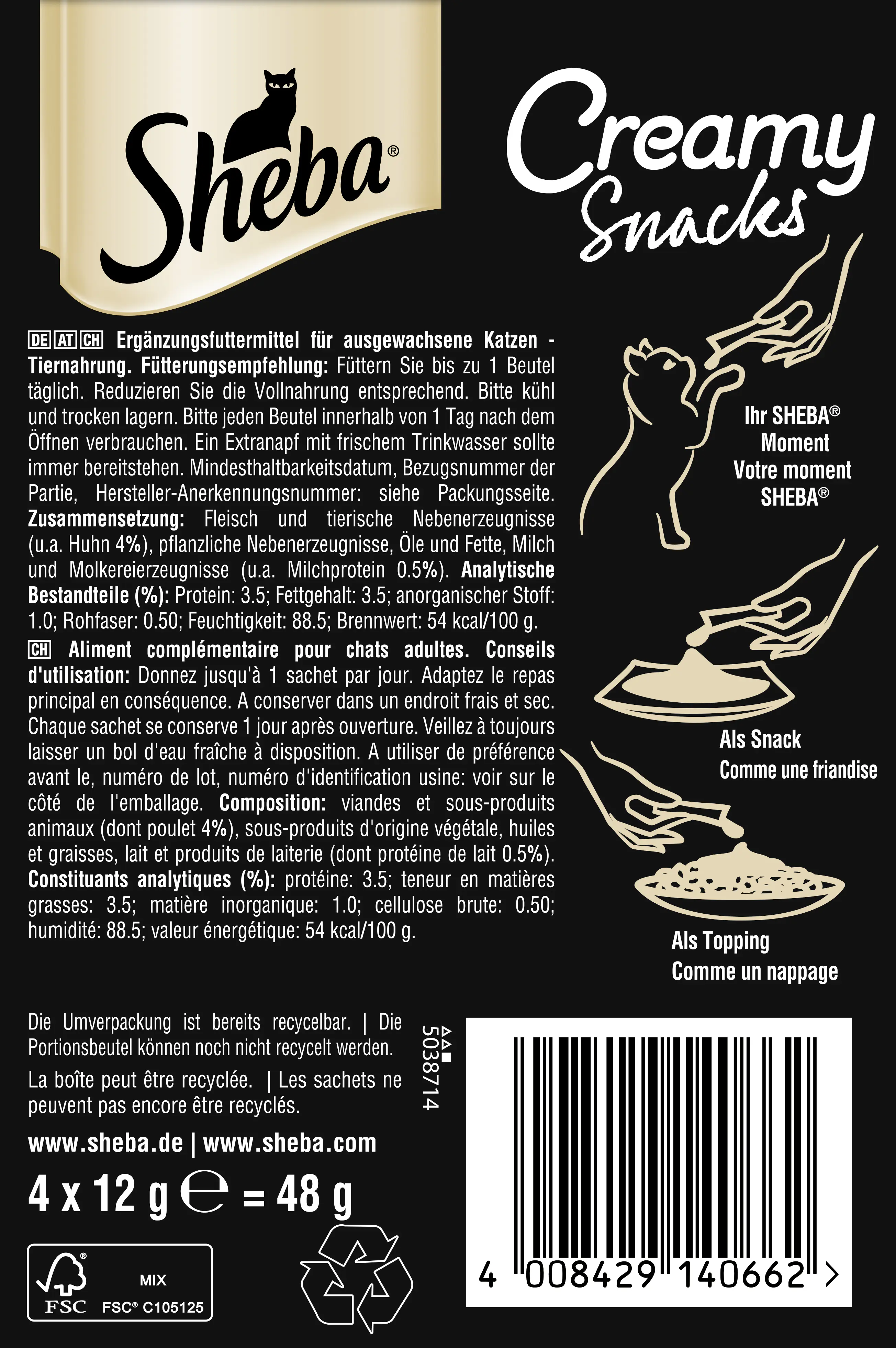 Sheba Creamy Snacks Katzenleckerli Adult 4 x 12 g Huhn