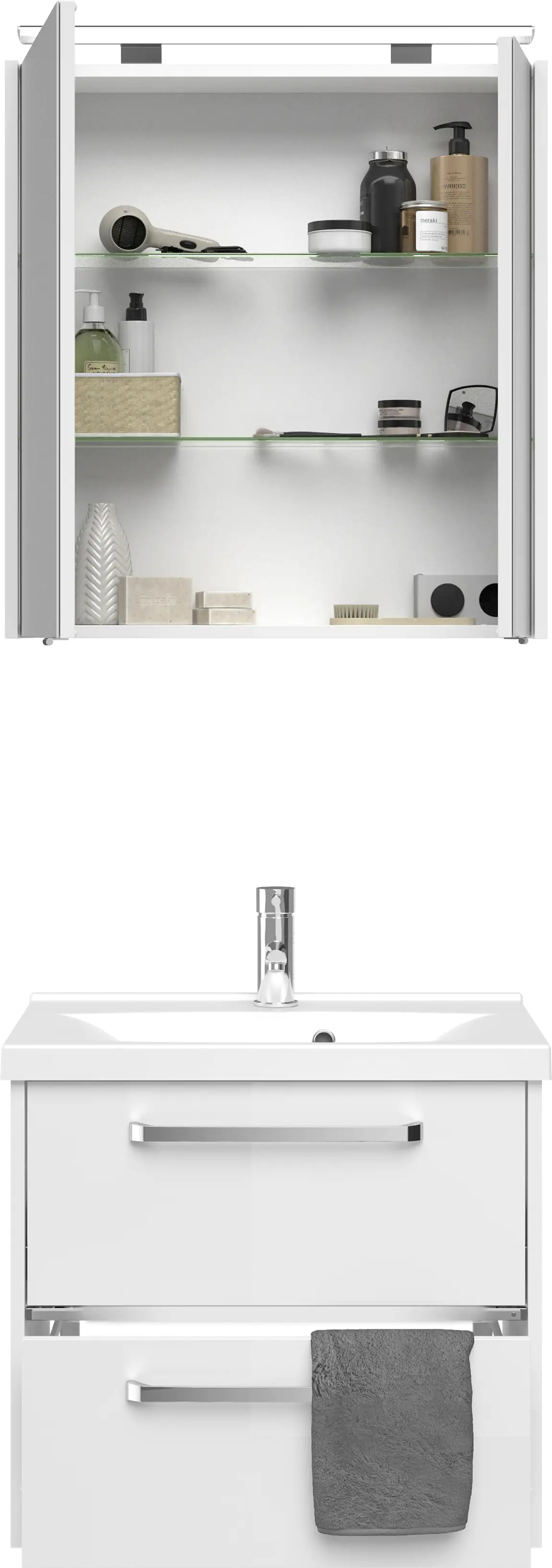 Primaster Badmöbel-Set Berlin weiß 65 cm LED-Leuchten, Mineralgusswaschtisch