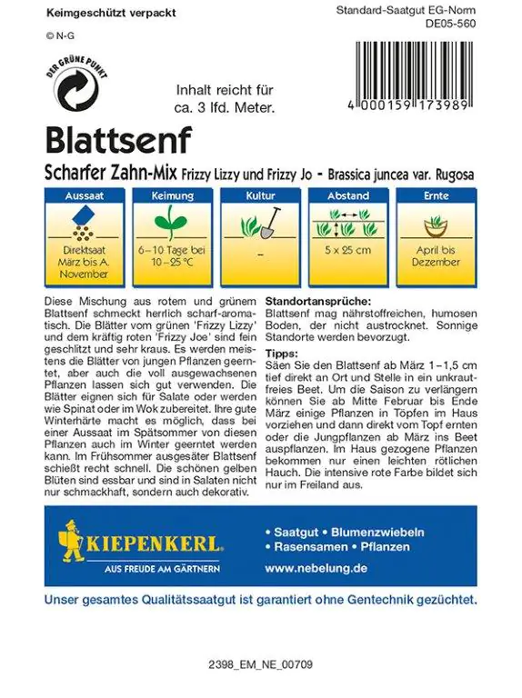 Kiepenkerl Profi-Line Blattsenf Scharfer Zahn-Mix Brassica juncea var.Rugosa, Inhalt: ca. 3 lfd. Met