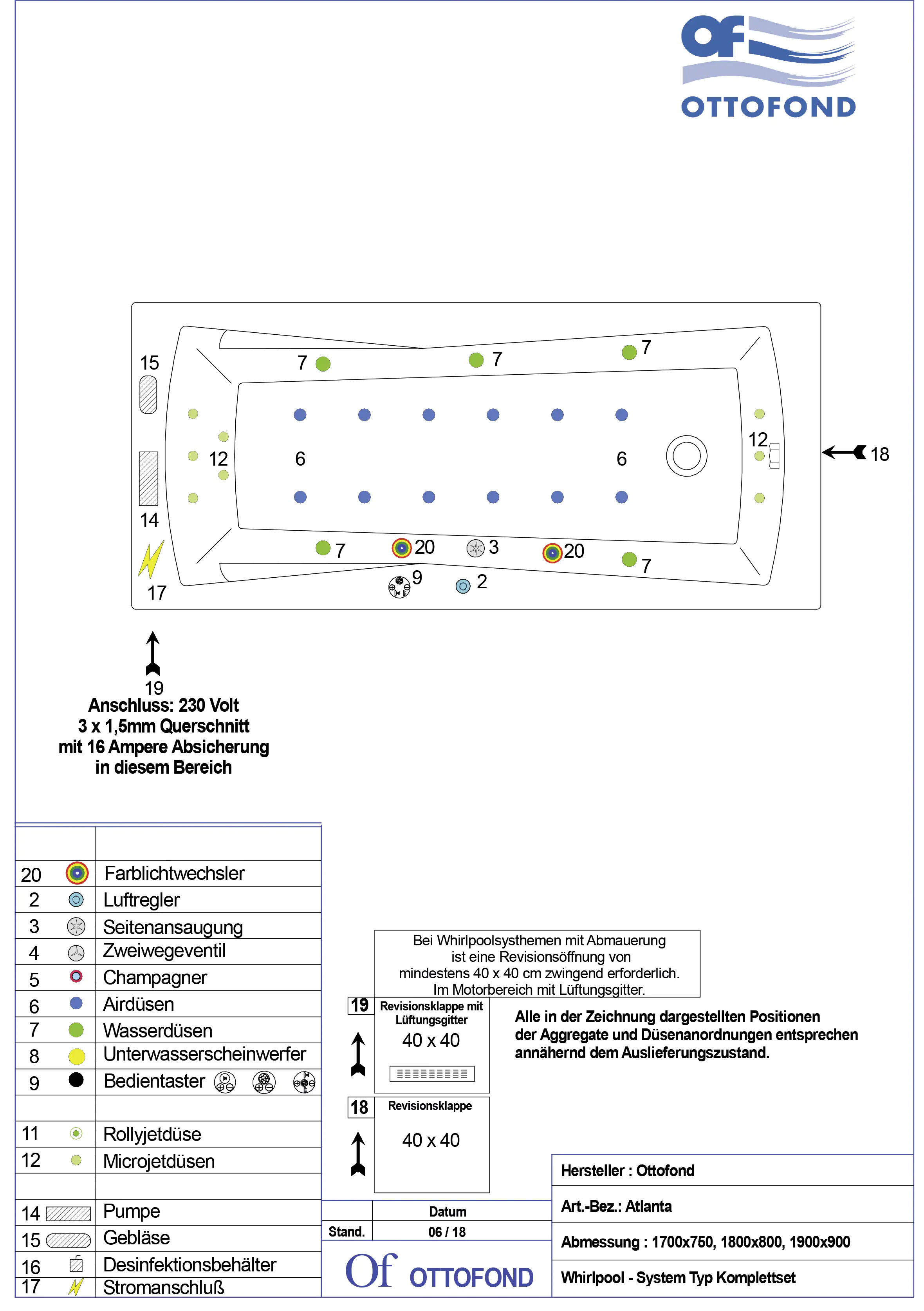 Ottofond Whirlpool-Badewanne Komplettset Atlanta 170 cm