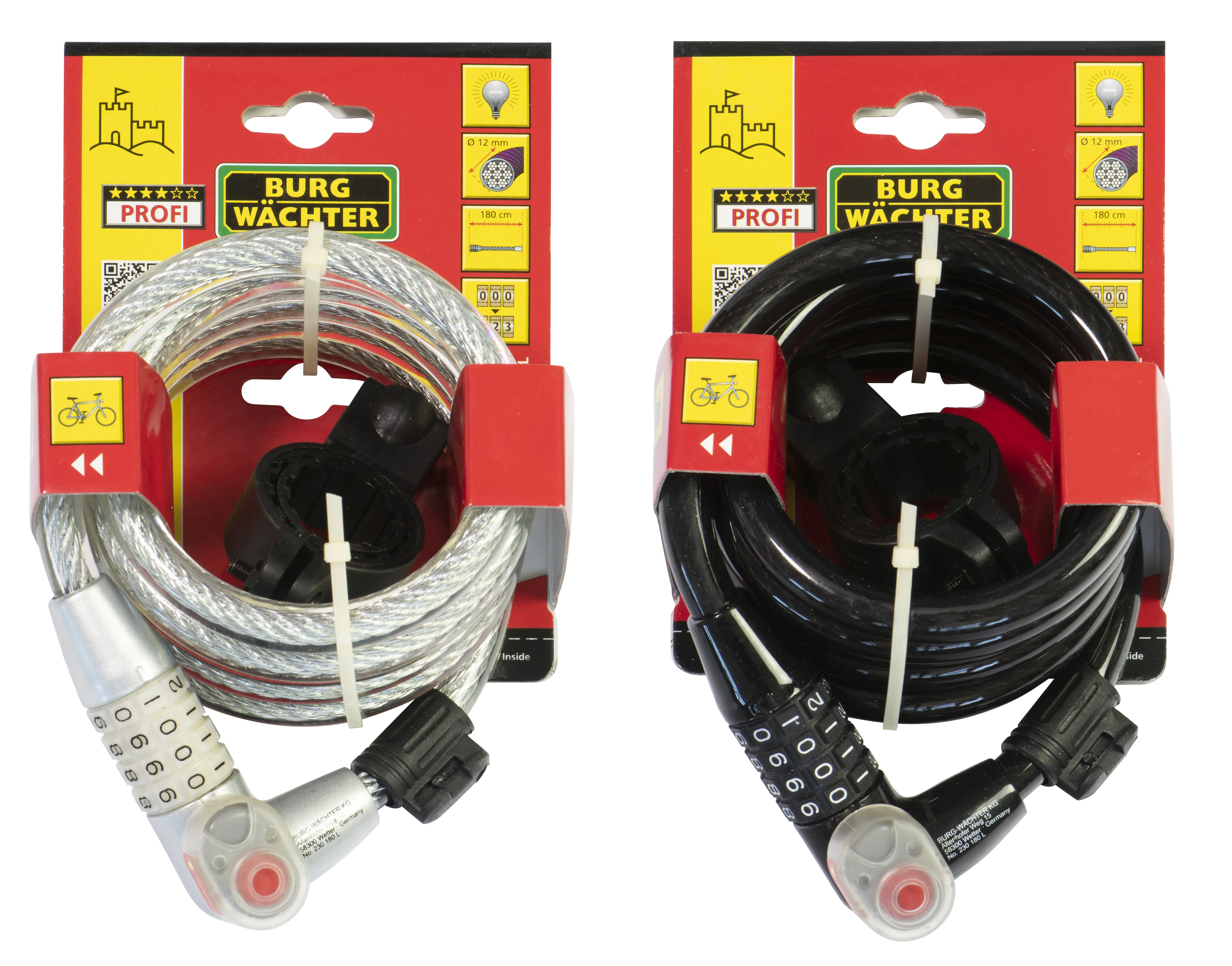 Burg Wächter Spiralkabelschloss 230 180 L 1800mm Ø 12mm schwarz oder silber