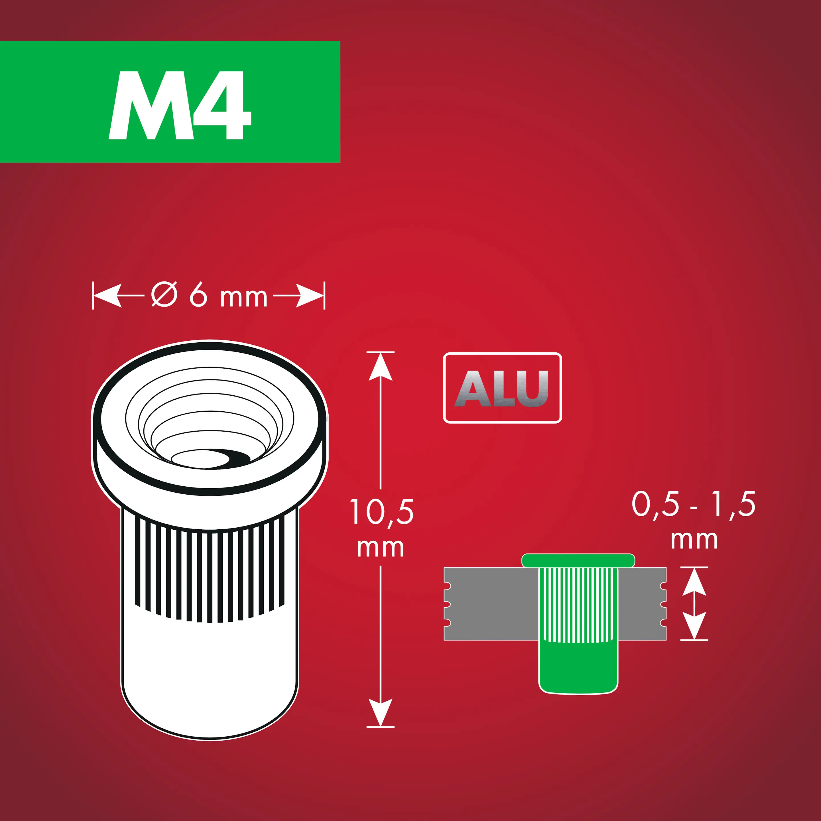 Arrow Blindnietmutter Typ M4 Ø 6 x 10,5 mm mit M4 Gewinde Aluminium 50 Stück