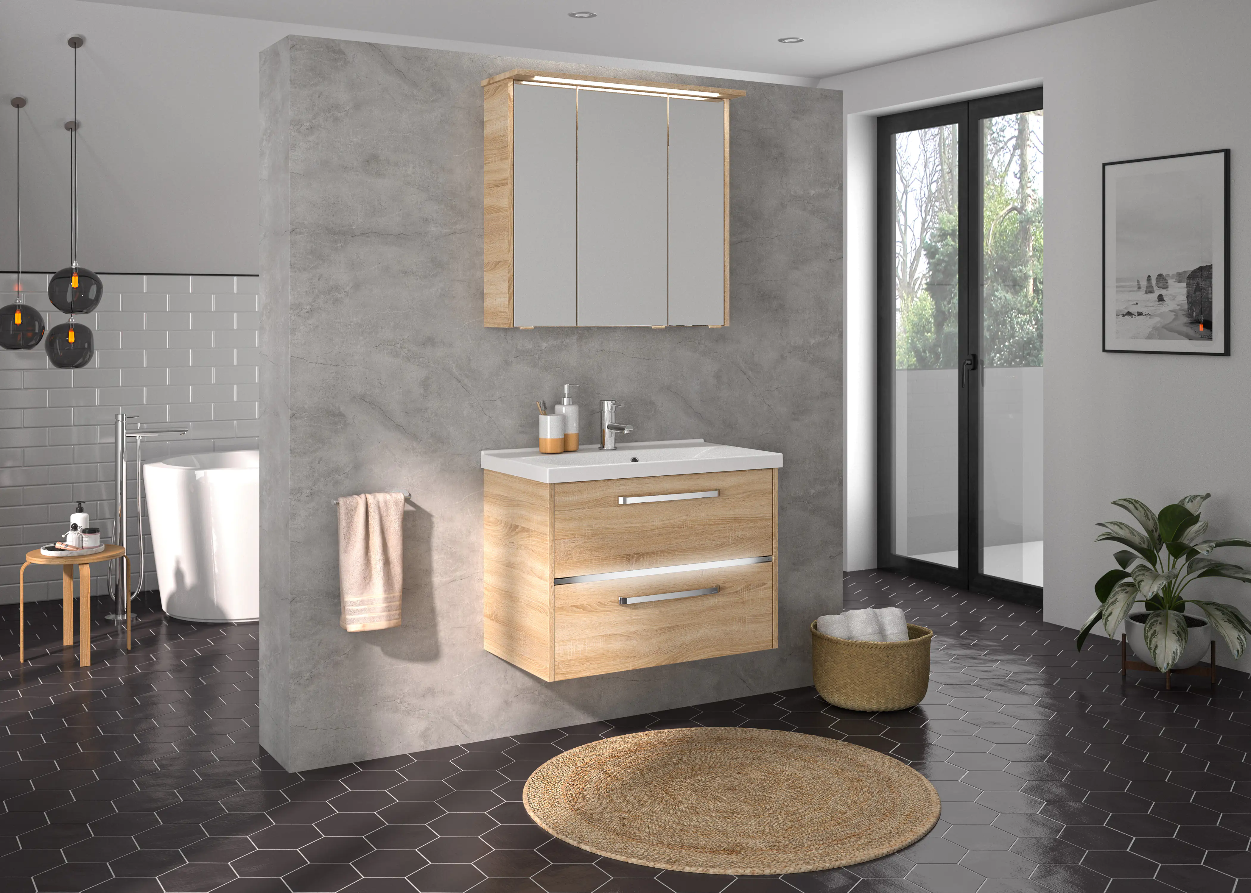 Primaster Badmöbelset Berlin eiche 77 cm Twin LED, Mineralgusswaschtisch