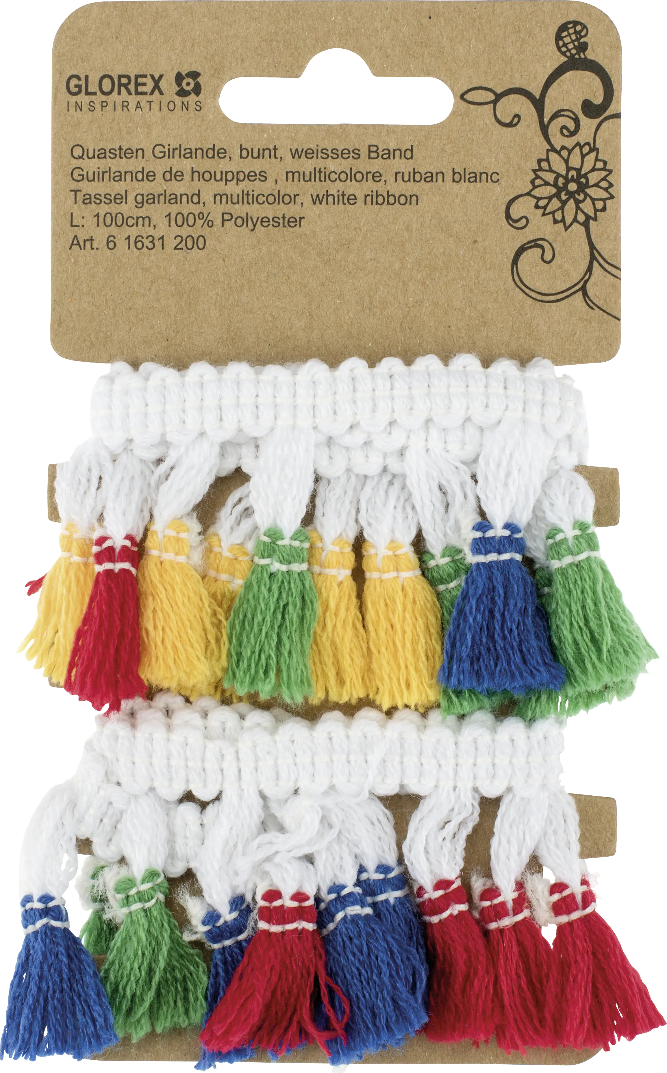 Glorex Quasten Girlande bunt 1 m weißes Band