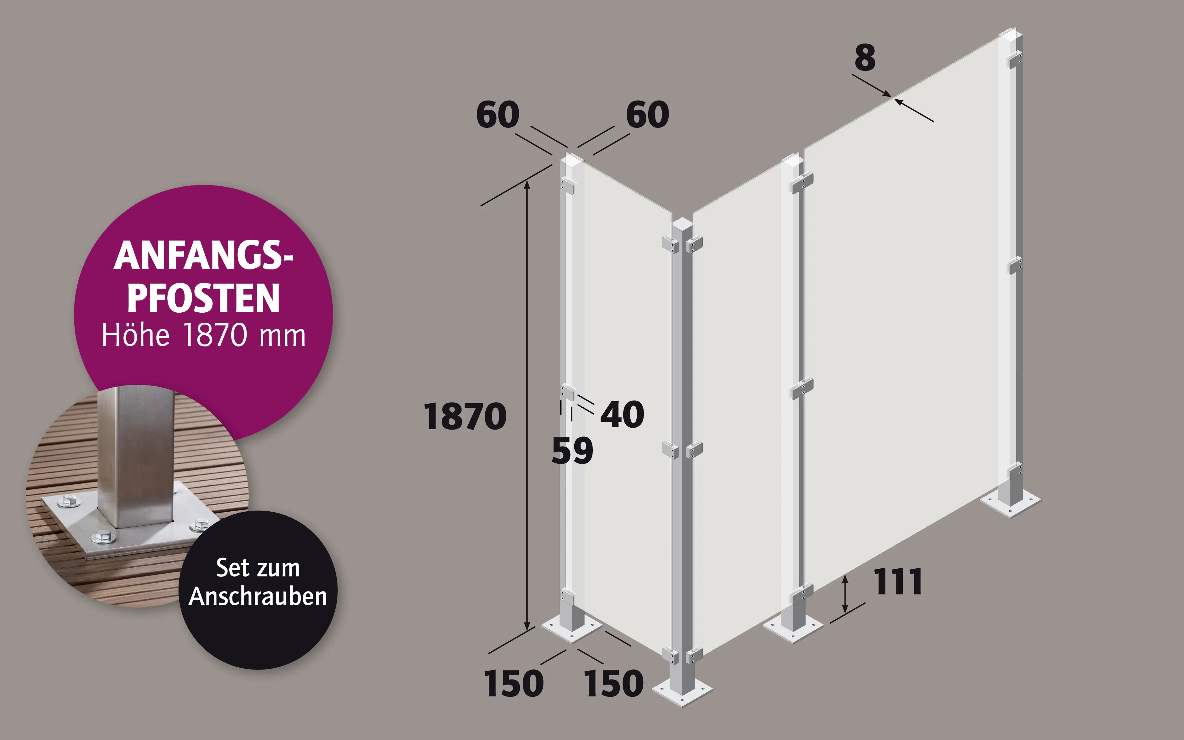 Ambiente Anfangspfosten-Set zum ANSCHRAUBEN 187 cm 6 x 6 cm Edelstahl V2A Ambiente Anfangspfosten-Set zum ANSCHRAUBEN 187 cm 6 x 6 cm Edelstahl V2A