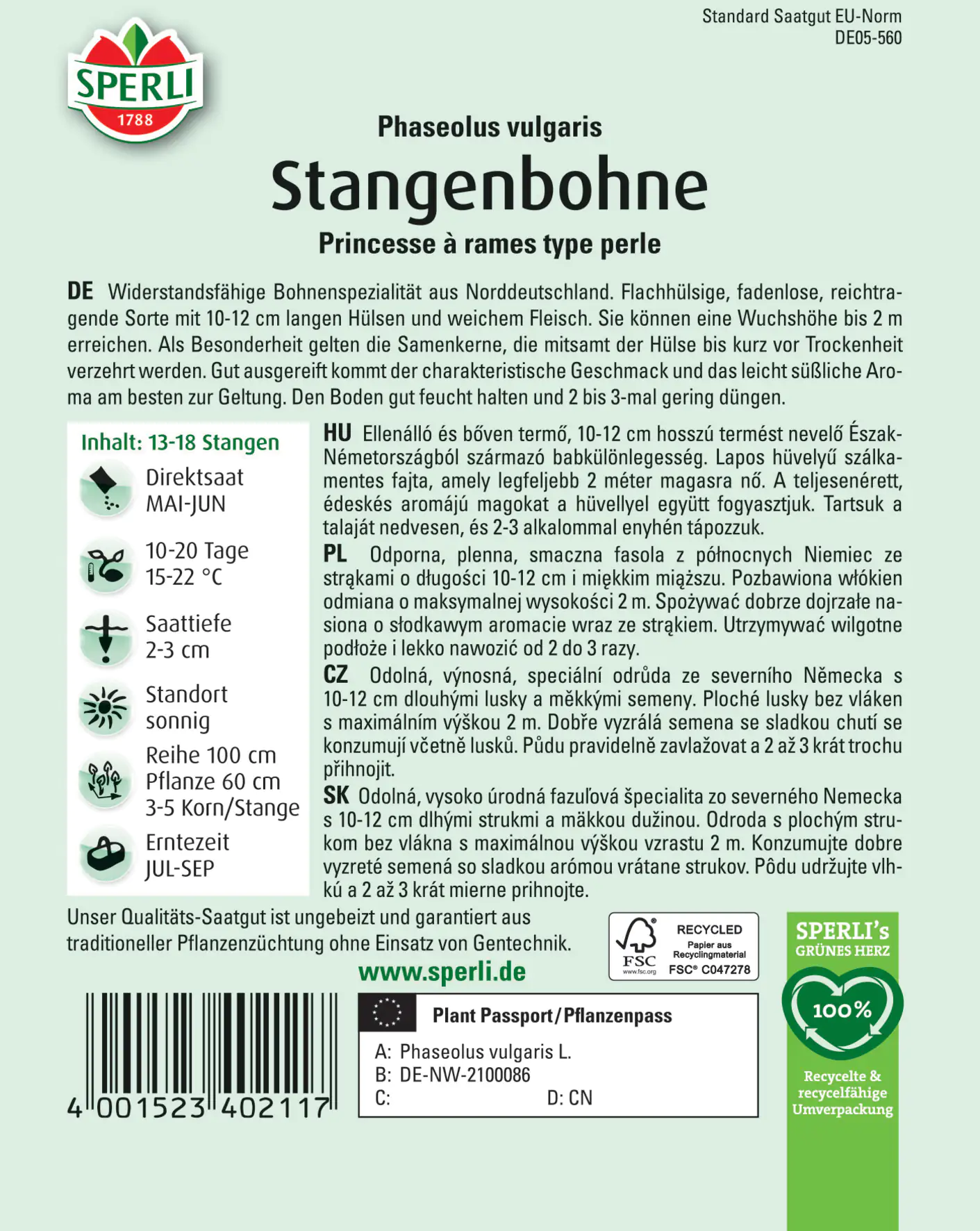 Sperli Stangenbohne Princesse à rames type perle