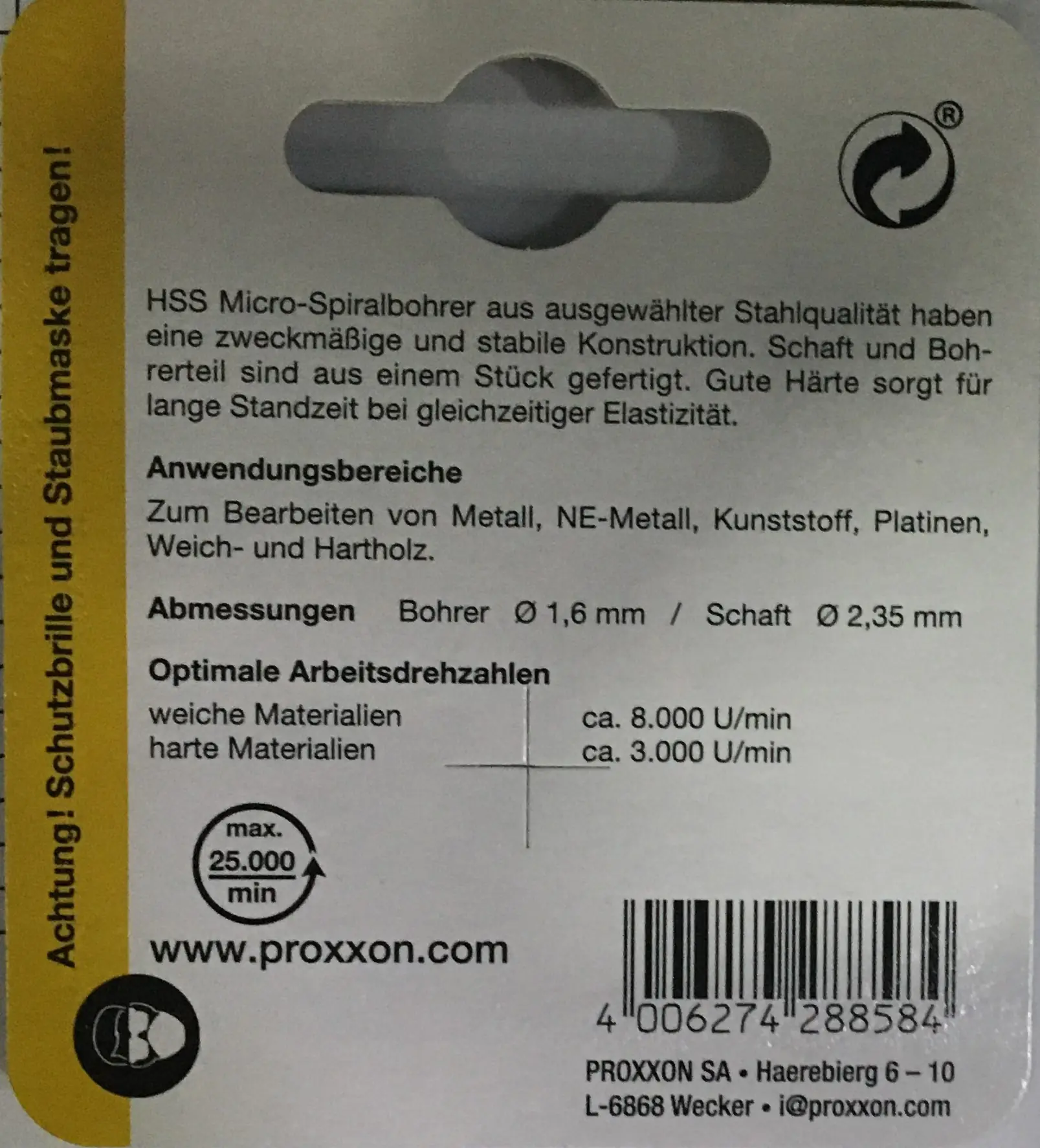 Proxxon Micromot Mikro-Spiralbohrer Ø 1,6 mm 3 Stück Proxxon Micromot Mikro-Spiralbohrer Ø 1,6 mm 3 Stück
