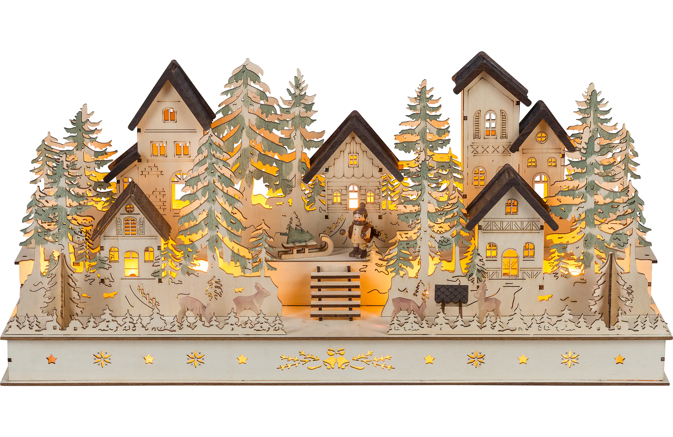 Saico LED-Weihnachtsdorf mit geschnitzten Figuren Holz 52 cm warmweiß natur