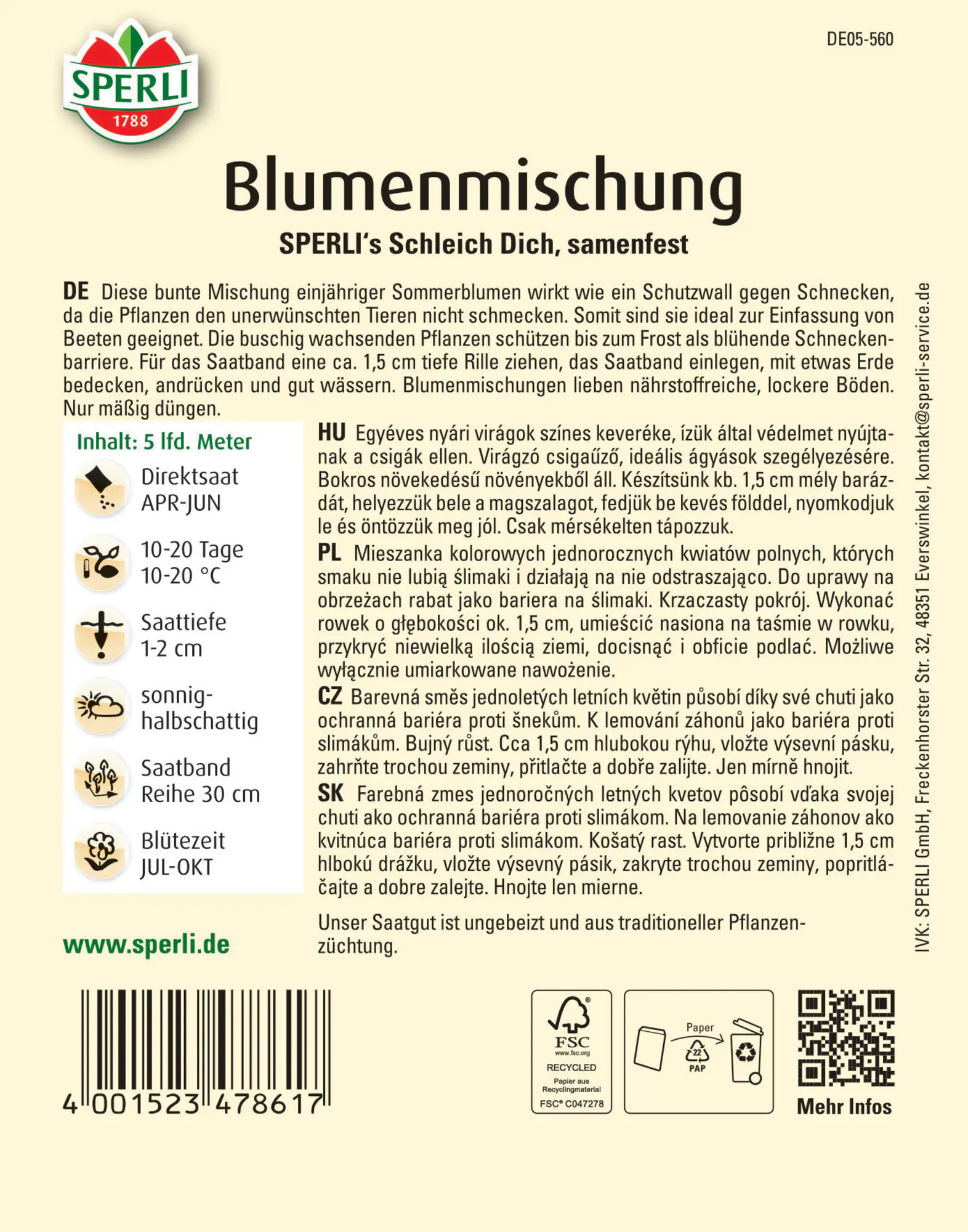 Sperli Blumenmischung Blühende Schneckenbarriere SPERLI's Schleich Dich Saatband