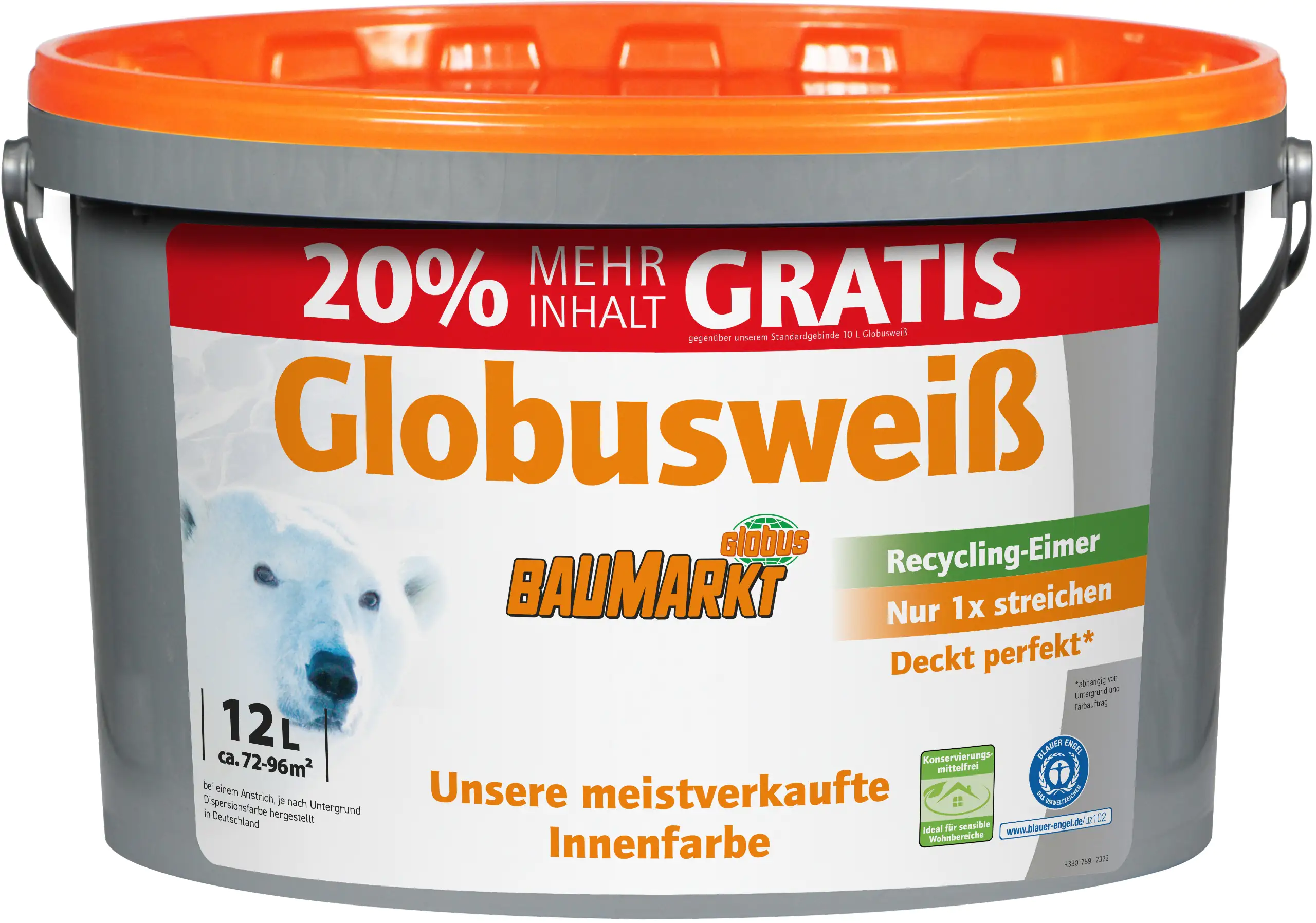 Globusweiß Wandfarbe matt 12 L konservierungsmittelfrei 20 % mehr Inhalt Globusweiß Wandfarbe matt 12 L konservierungsmittelfrei 20 % mehr Inhalt