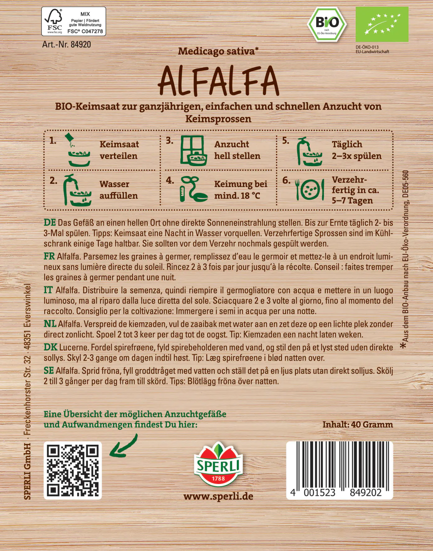 Sperli BIO Keimsprossen-Saat Alfalfa