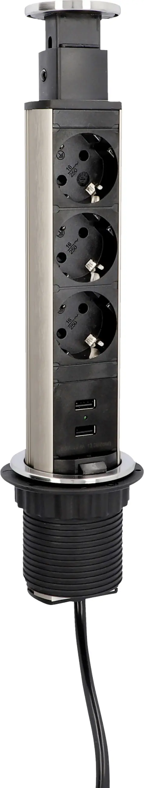 Unitec Einbausteckdosenleiste 3-fach 2m mit 2 x USB Tower, silber