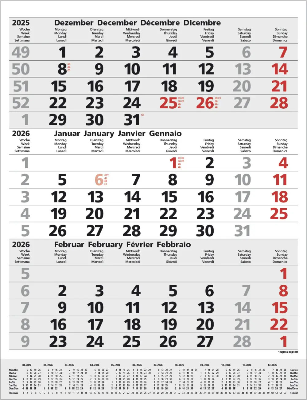 Korsch Kalender 3-Monats-Planer Combi 2026 grau