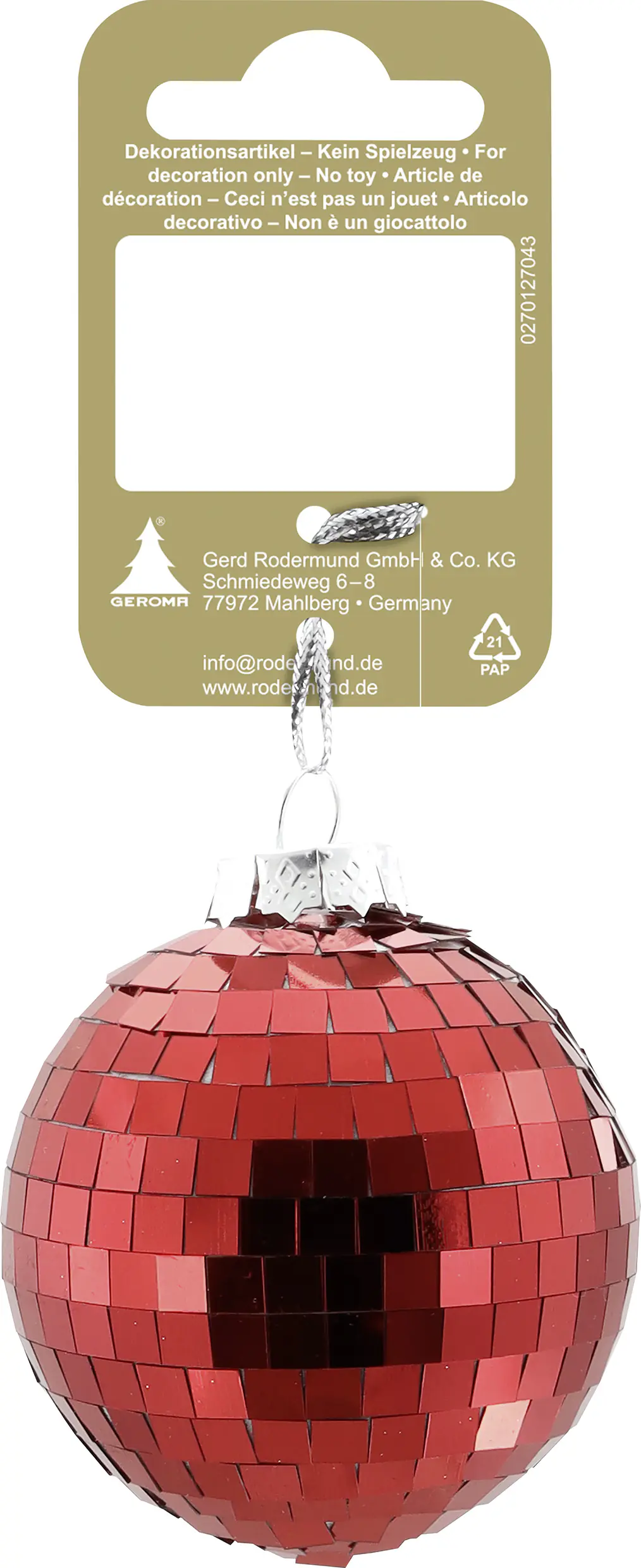 Weihnachtsanhänger Discokugel aus Kunststoff 6 cm rot