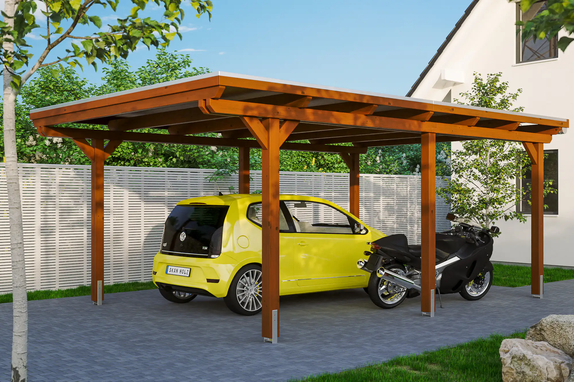 4018211022878 SKAN HOLZ Carport Emsland 404 x 604 cm mit EPDM-Dach, lasiert in Nussbaum