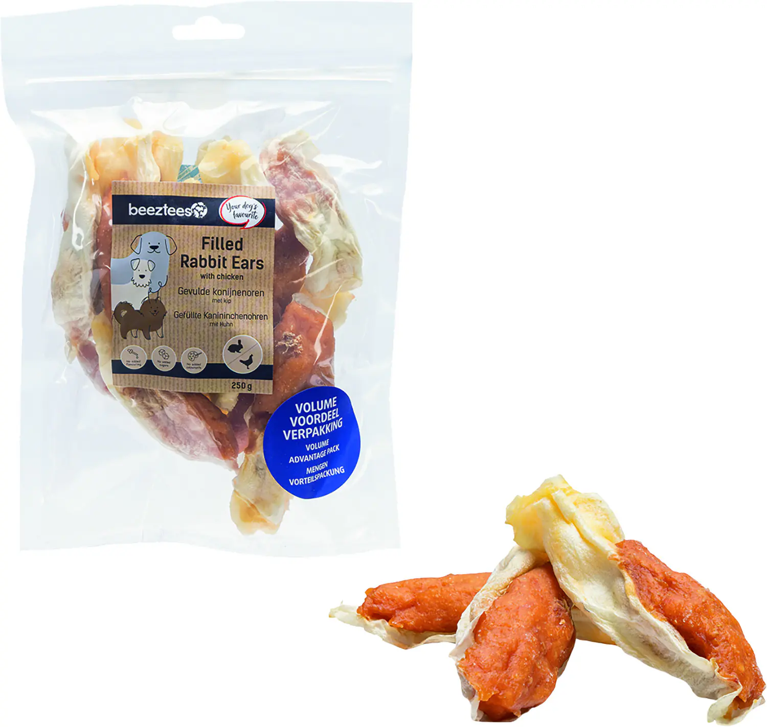 Beeztees Hundesnack Adult Kaninchenohren 250 g gefüllt mit Huhn 