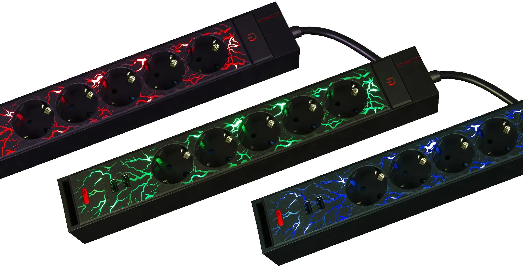 REV Gaming LED Steckdosenleiste 5fach 1,4 m mit 2 USB-Ports, Farbwechsel