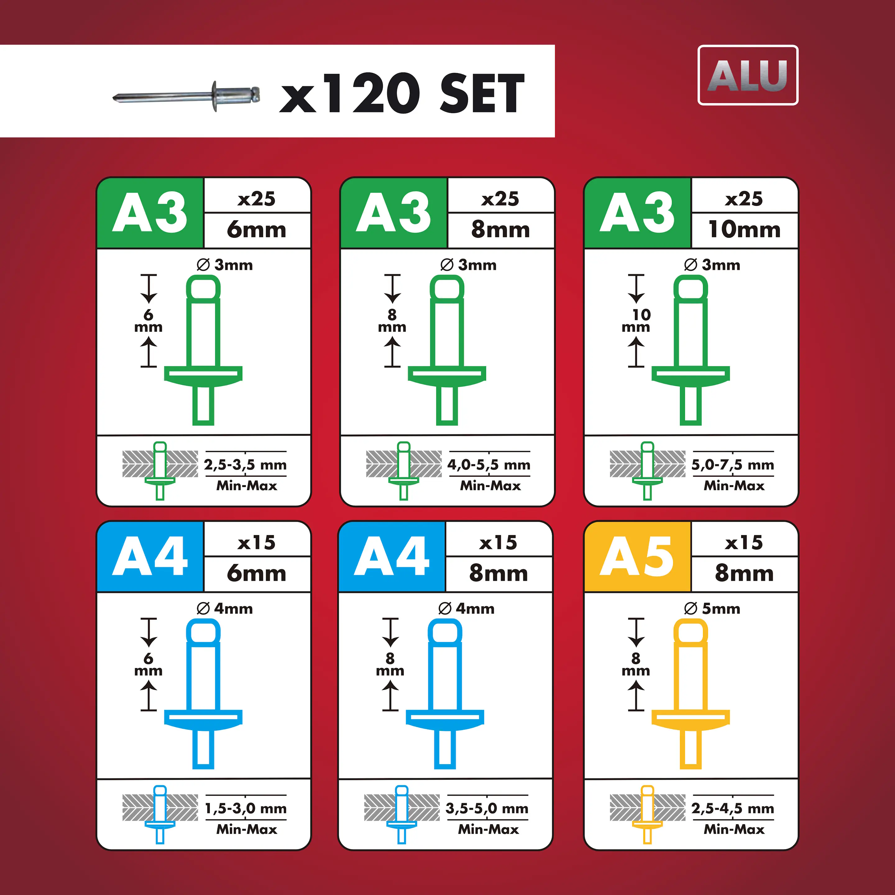 Arrow Blindnieten Set 120 Stück Ø3, Ø4, Ø5 mm Aluminium Popnieten