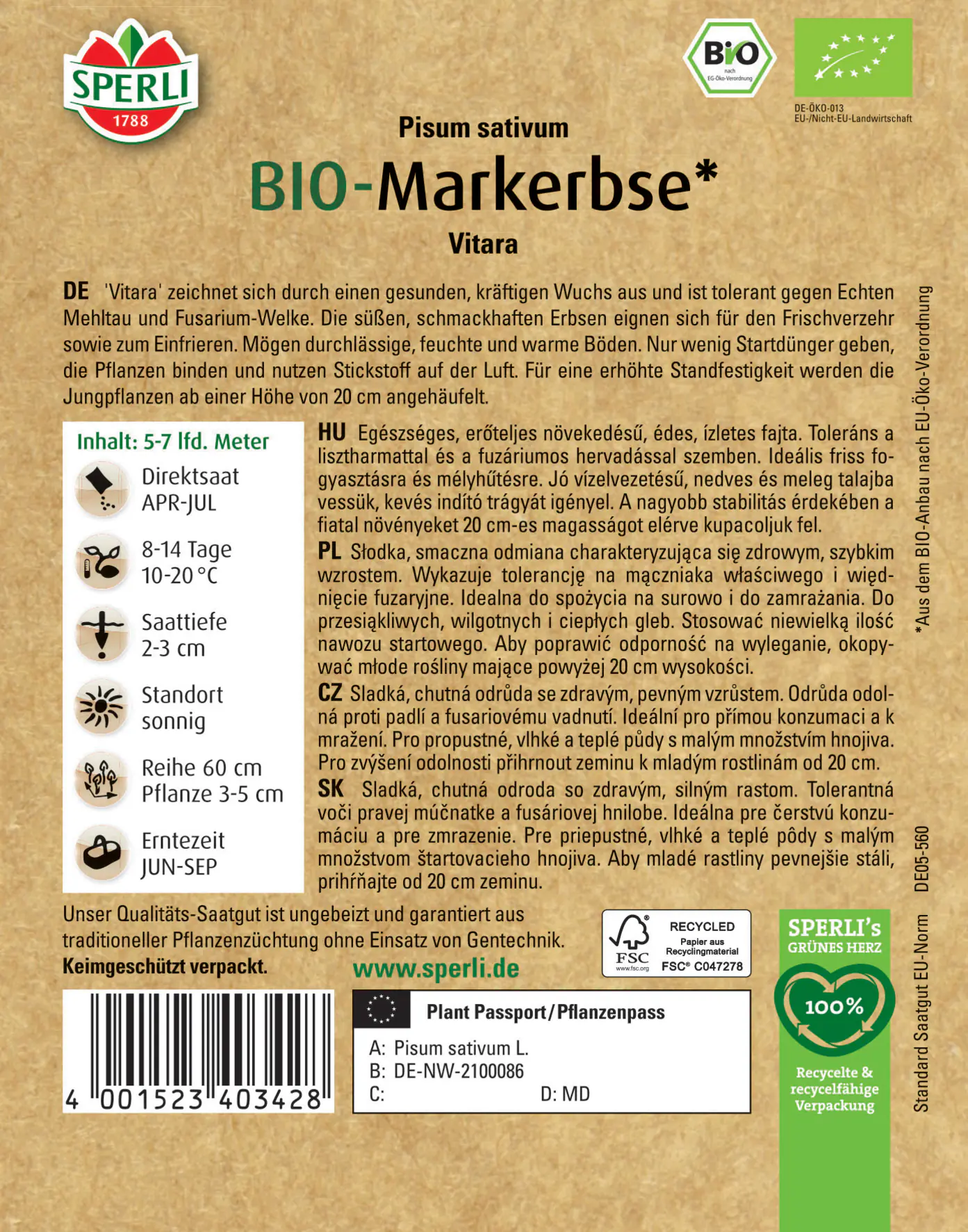 Sperli Bio Sommermarkerbse