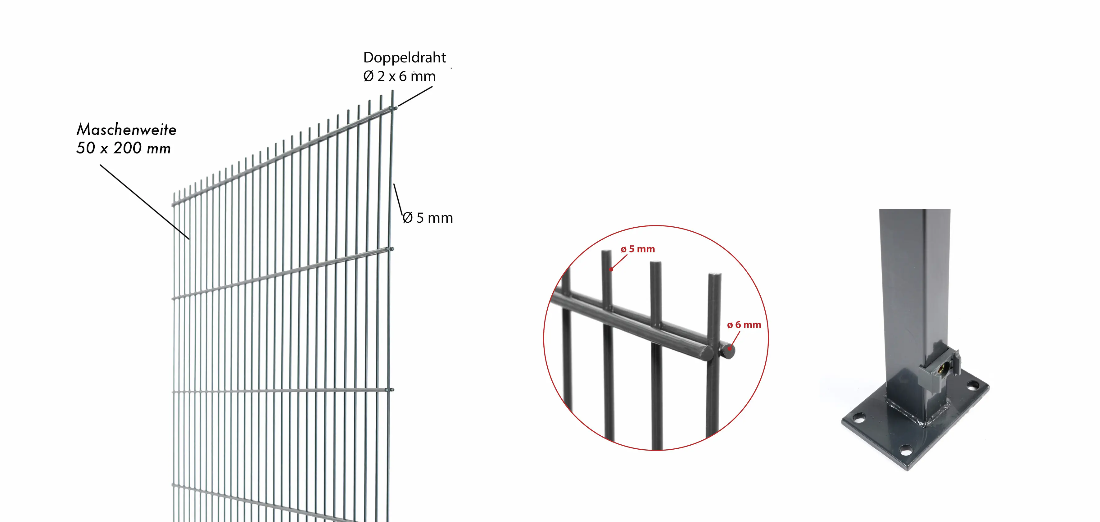 Floraworld Doppelstabmatten-Zaun Set Comfort 10 m 201 x 83 cm mit Bodenplatte inkl. 6 Pfosten 89 cm anthrazit