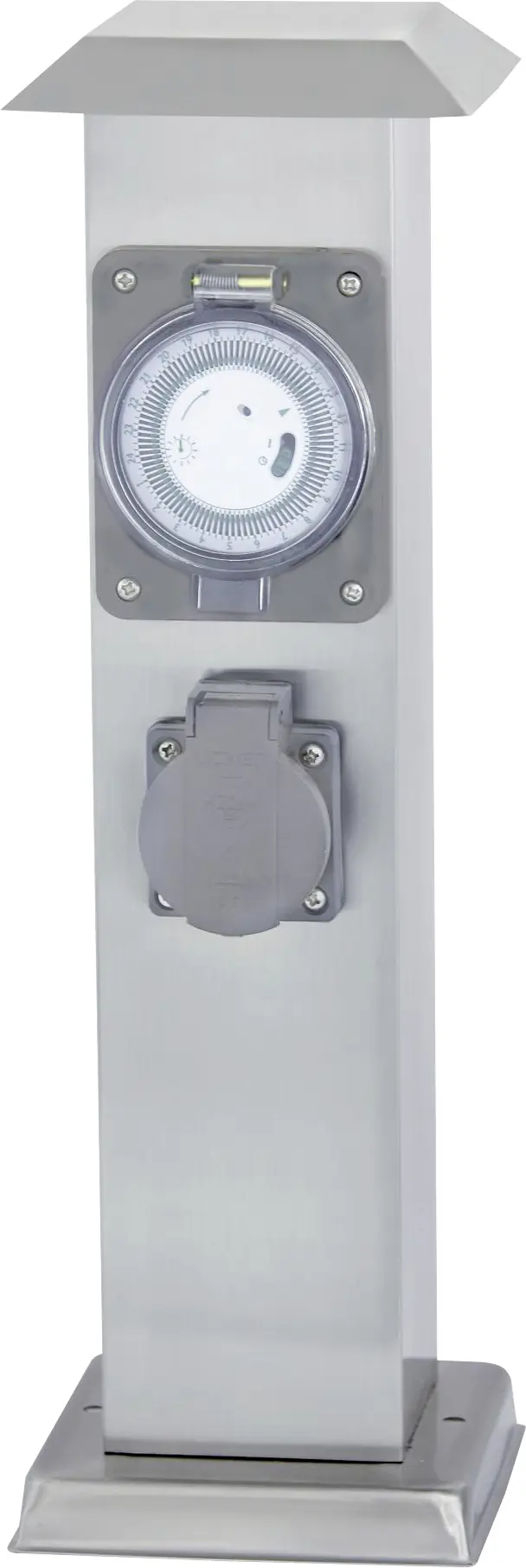 Edelstahl Außensteckdose 2 Steckosen, 1 mechanische Zeitschaltuhr Edelstahl Außensteckdose 2 Steckosen, 1 mechanische Zeitschaltuhr