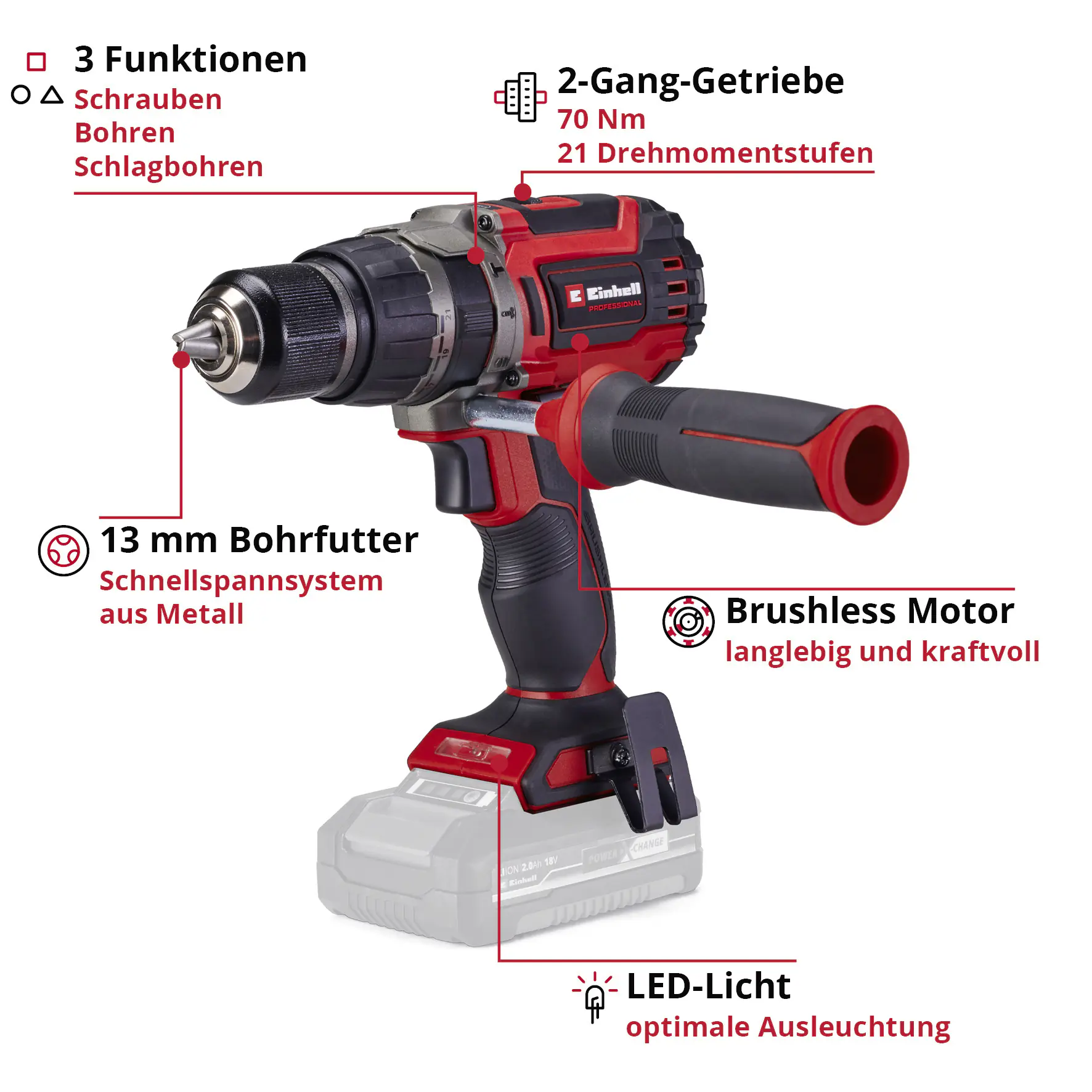 Einhell Professional Akku-Schlagbohrschrauber TP-CD 18/70 Li-i BL 70 Nm Solo