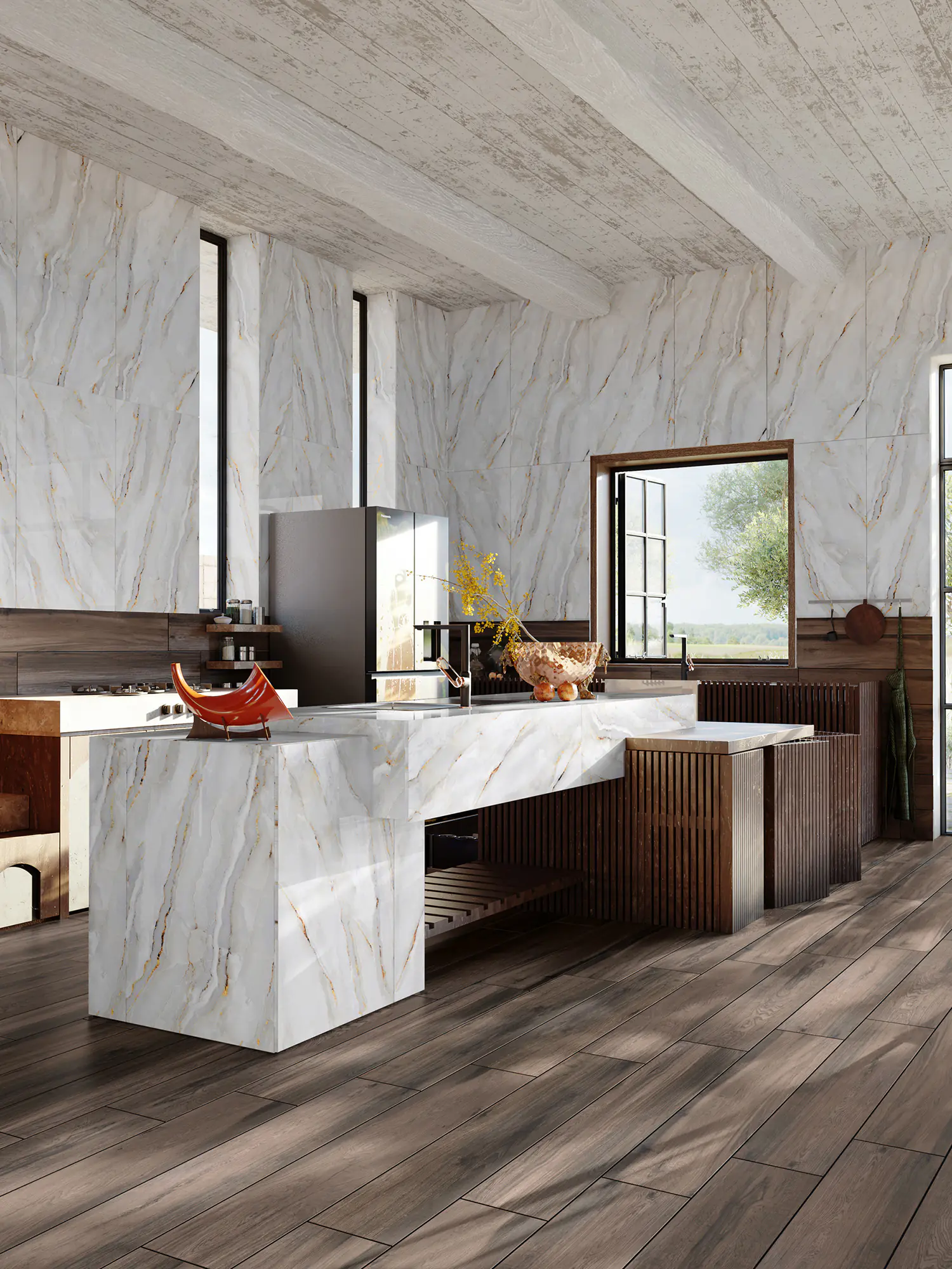 Bodenfliese Feinsteinzeug Alabaster Cleo Light 60 x 120 cm weiß/gold