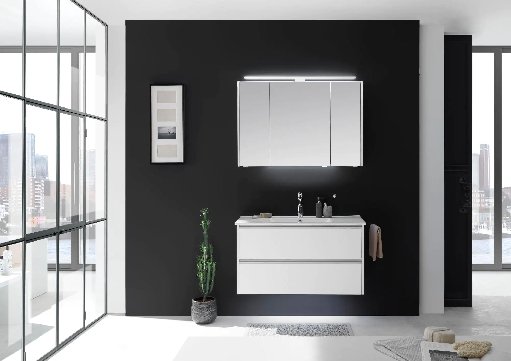 Pelipal Badmöbel-Set 6040 Weiß Matt/Weiß Matt Touch mit Mineralmarmor-Waschtisch + LED-Leuchte 103 c