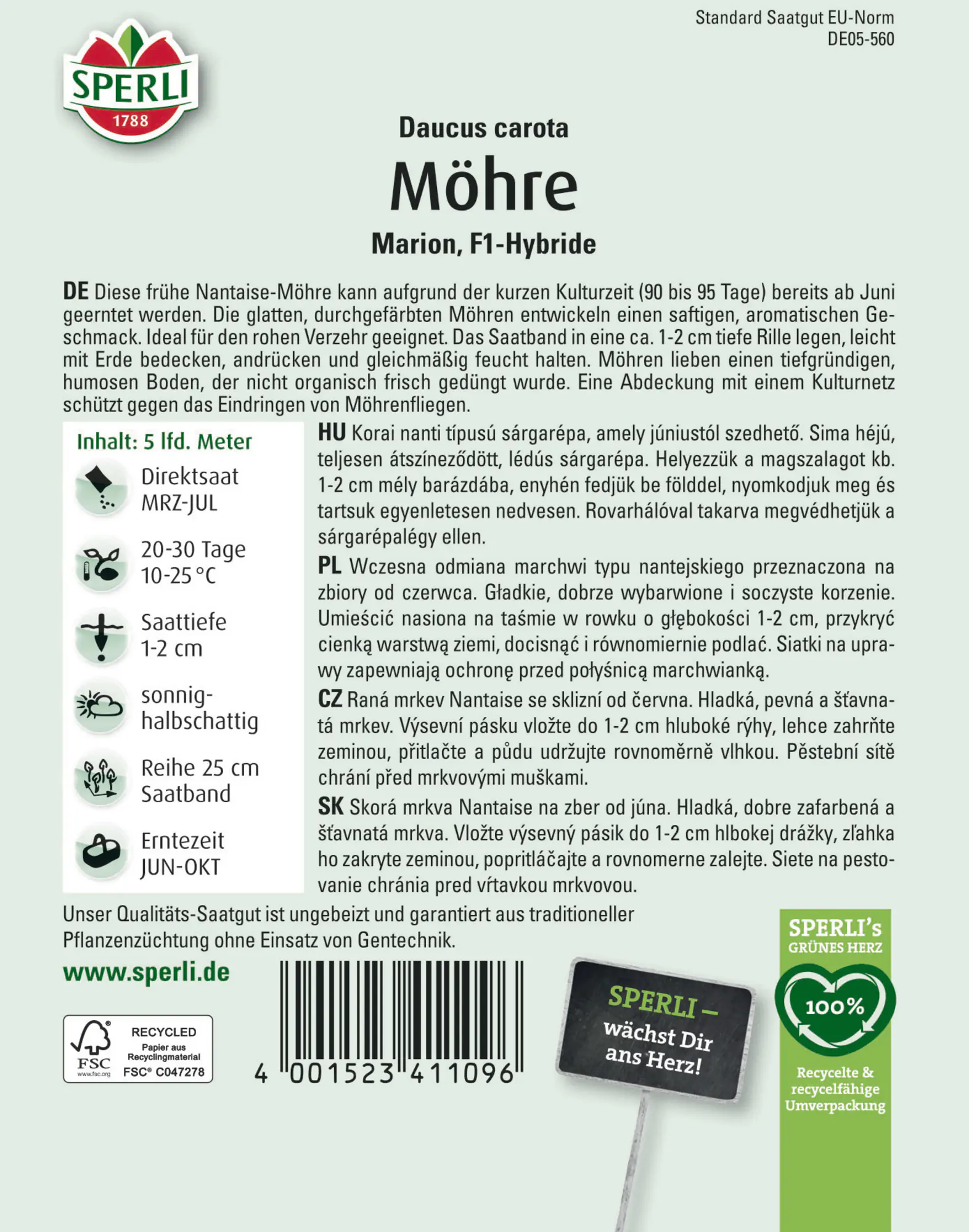 Sperli Saatgut Möhren Marion F1 Saatband für bis zu 5 lfd. Meter