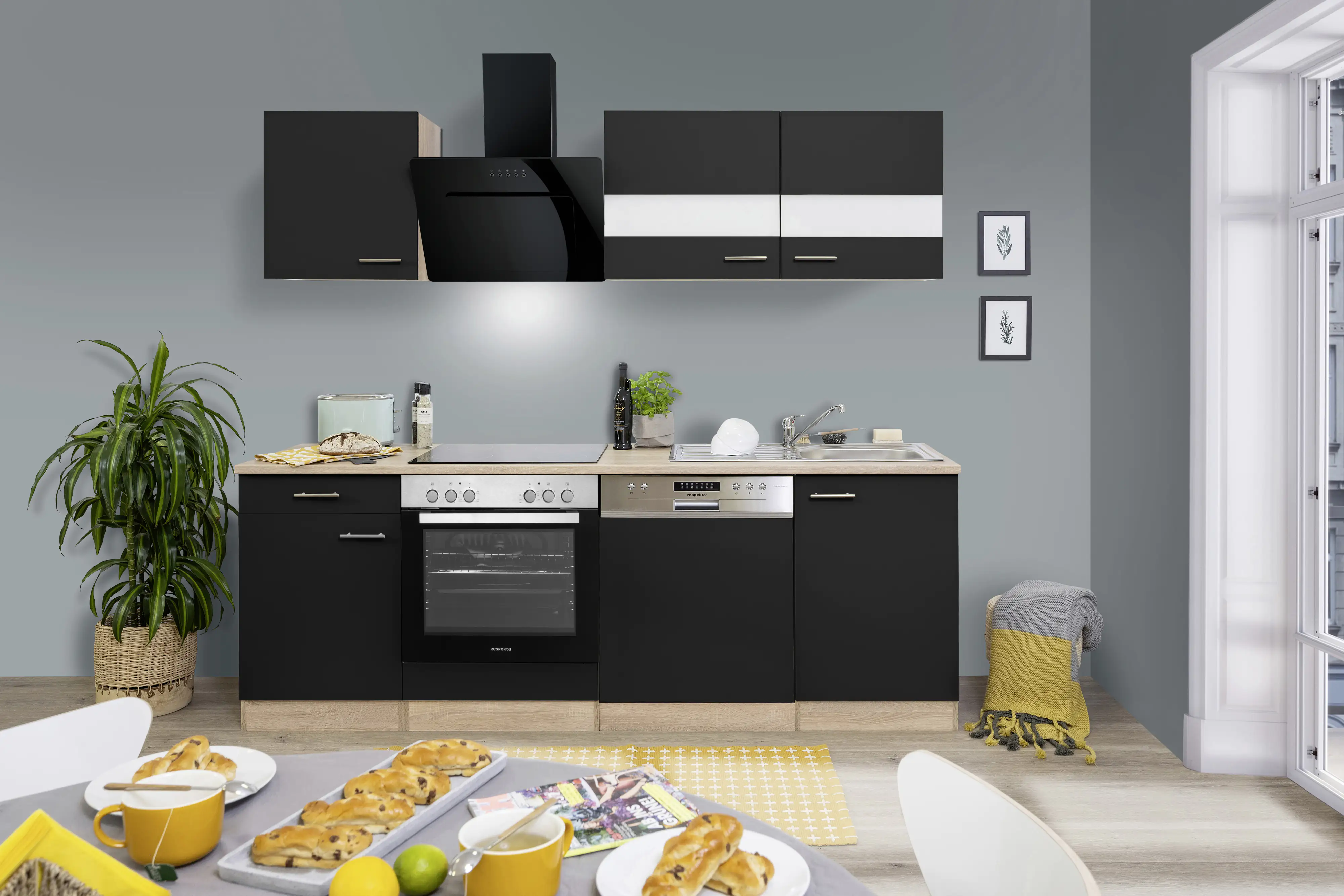 Respekta Economy Küchenblock 220 cm schwarz, Eiche Sonoma, KB220ESSSSC