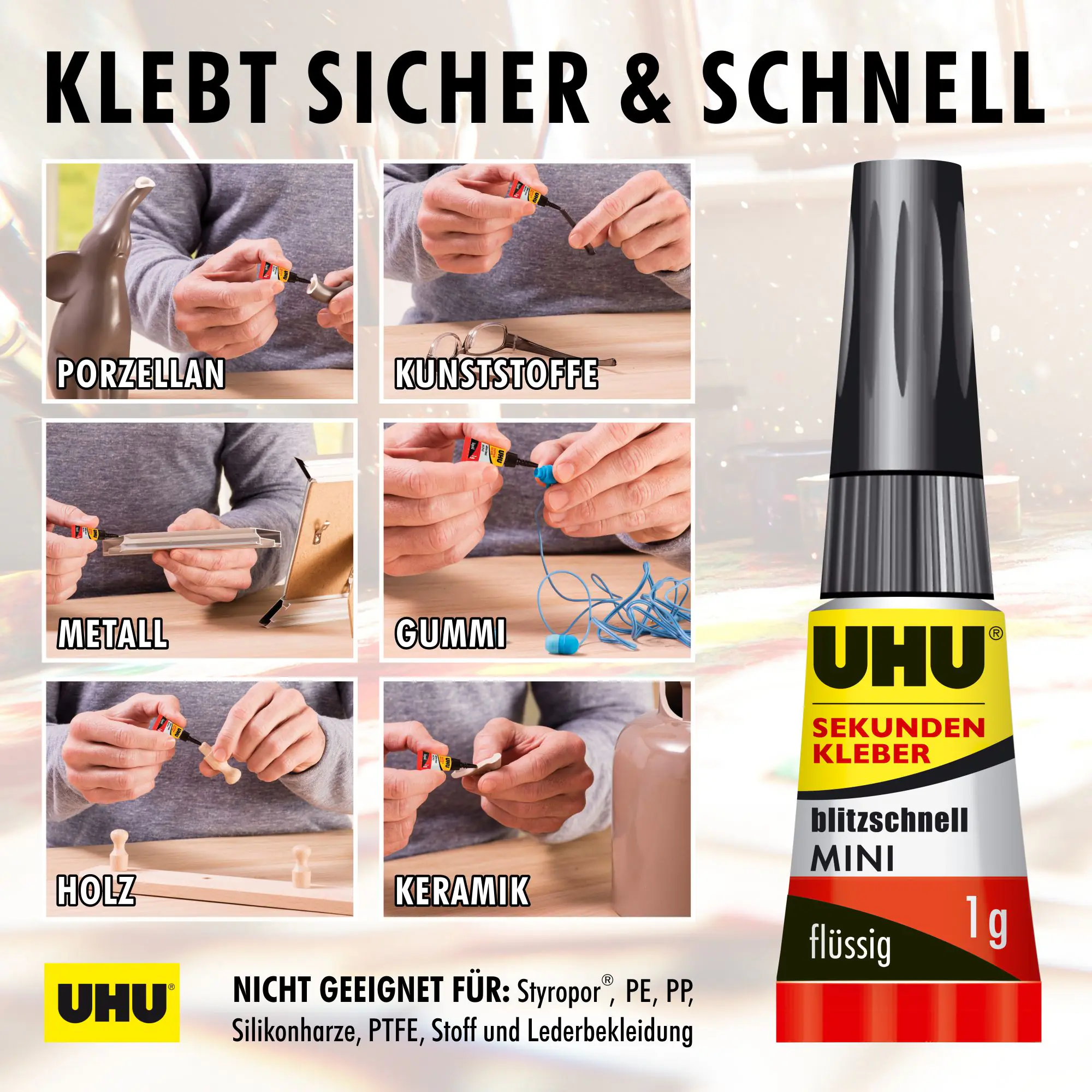 UHU Sekundenkleber blitzschnell Minis 3 g (3 x 1 g), flüssig, in der praktischen Box