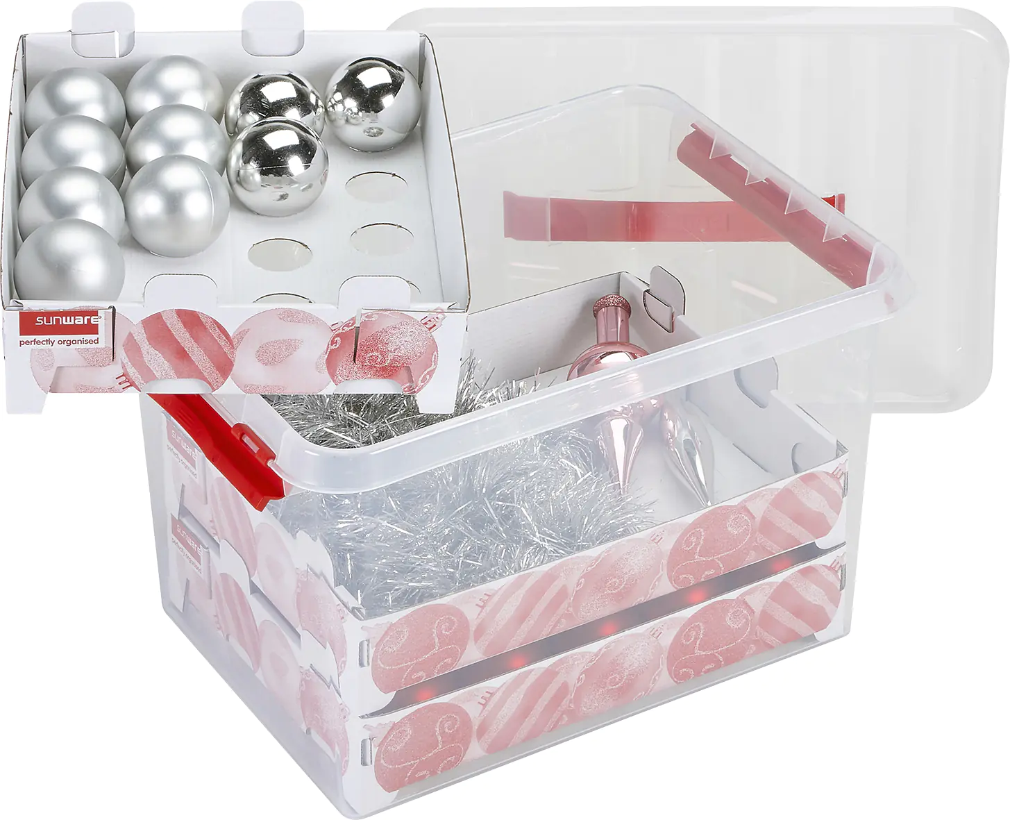 Sunware Weihnachtsbox Q-line 22L mit Einsatz für 60 Kugeln transparent rot