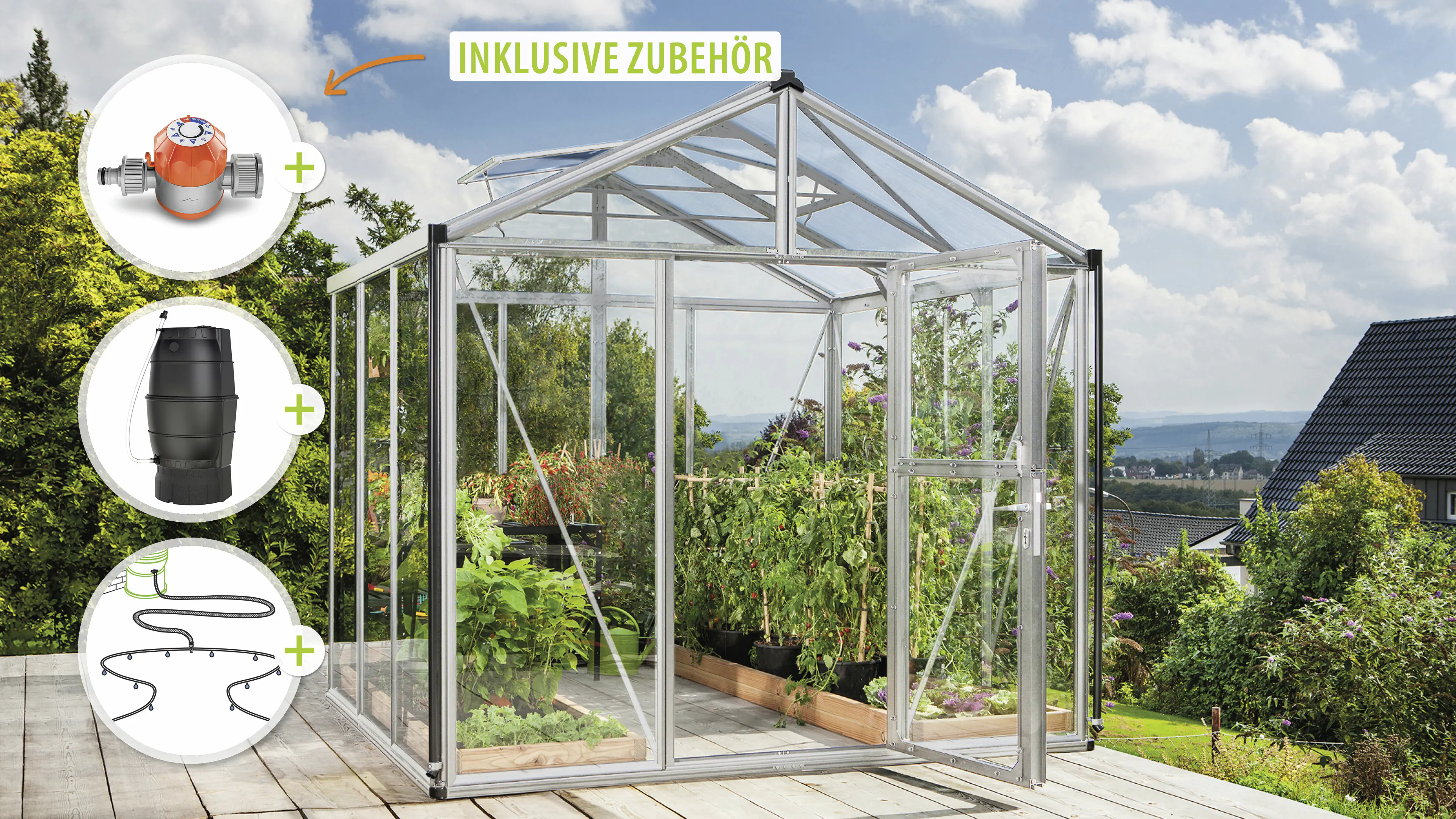 Vitavia Gewächshaus-Set Zeus 6200 ESG/HKP alu 266 x 249 cm 