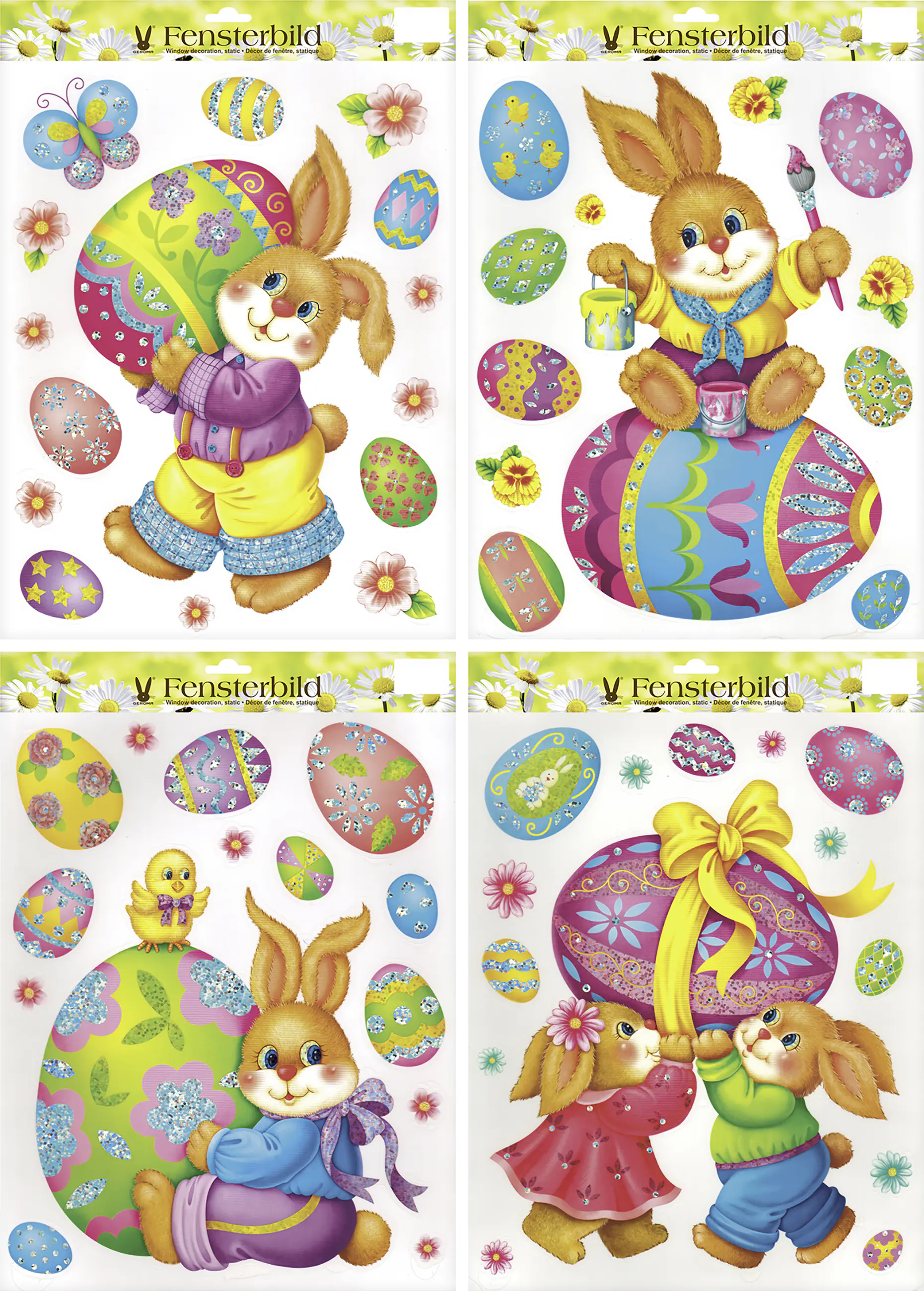 Osterdeko Fensterbild Hasen 30 x 42 cm bunt mit Glitter