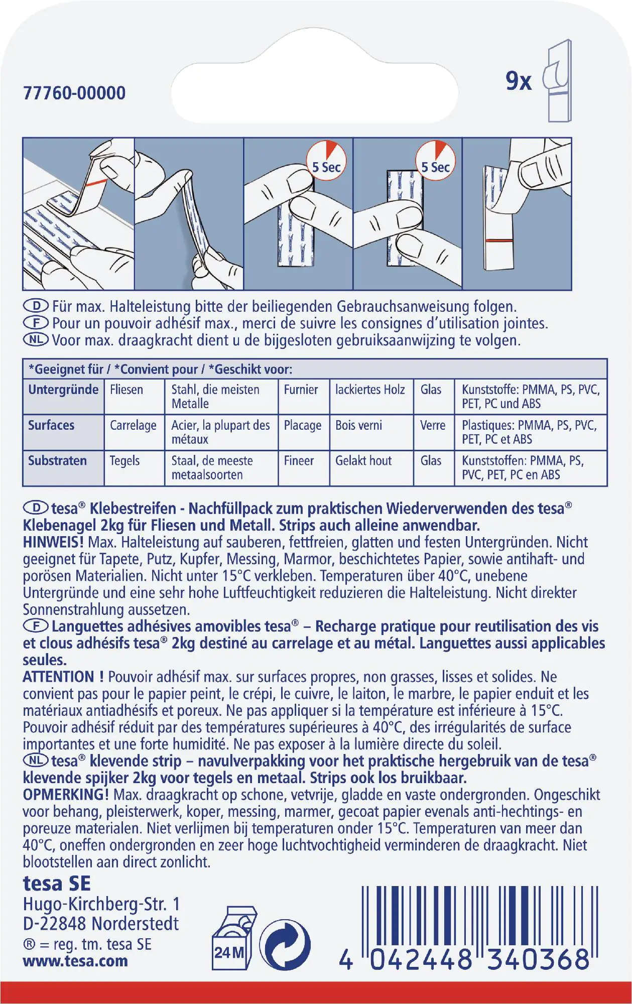 tesa Klebestreifen für Fliesen und Metall 9 Stück, Traglast 2 kg