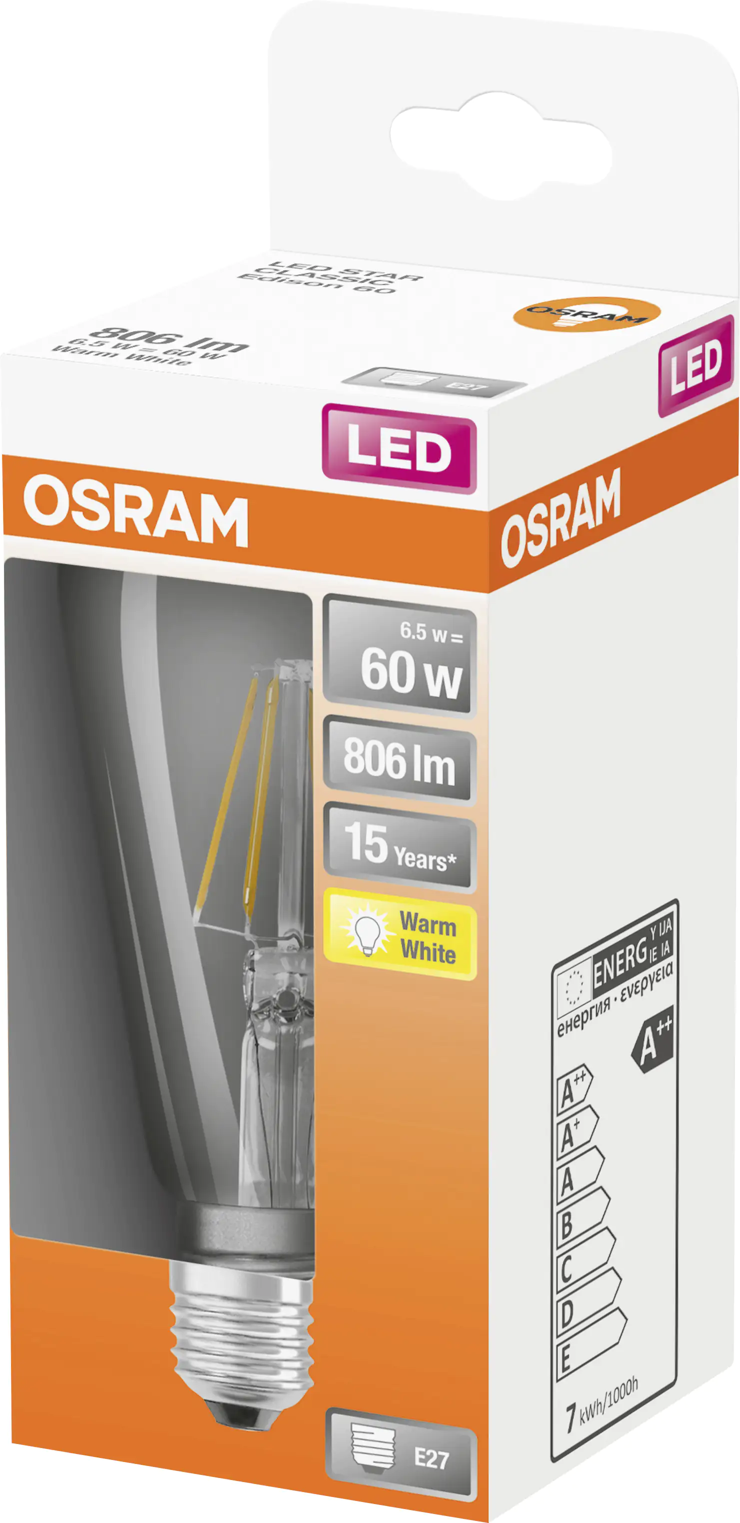 Osram LED Leuchtmittel Star 60 E27 6,5W warmweiß, klar