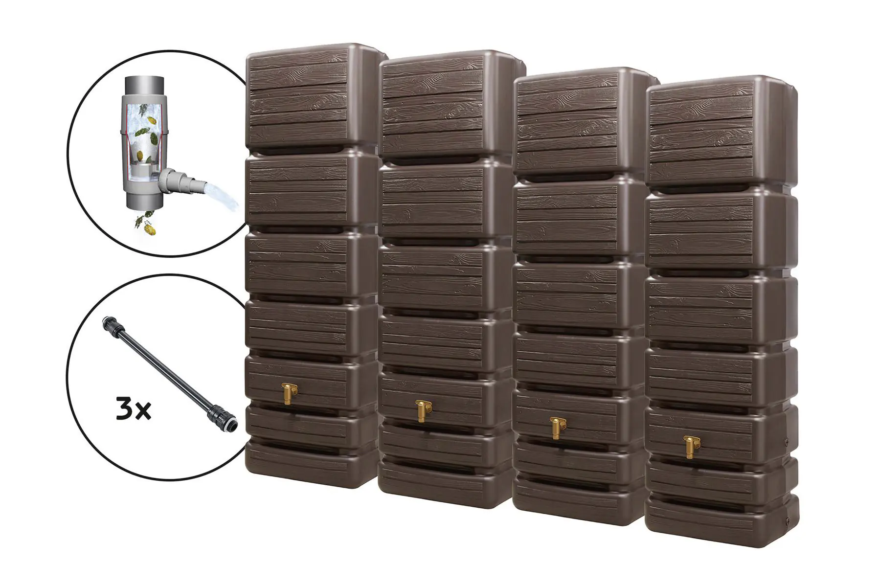 4rain Regentonne-Set Slim Wood Decor inkl. Zubehör Wandtank 1400 L darkwood 4 Stück