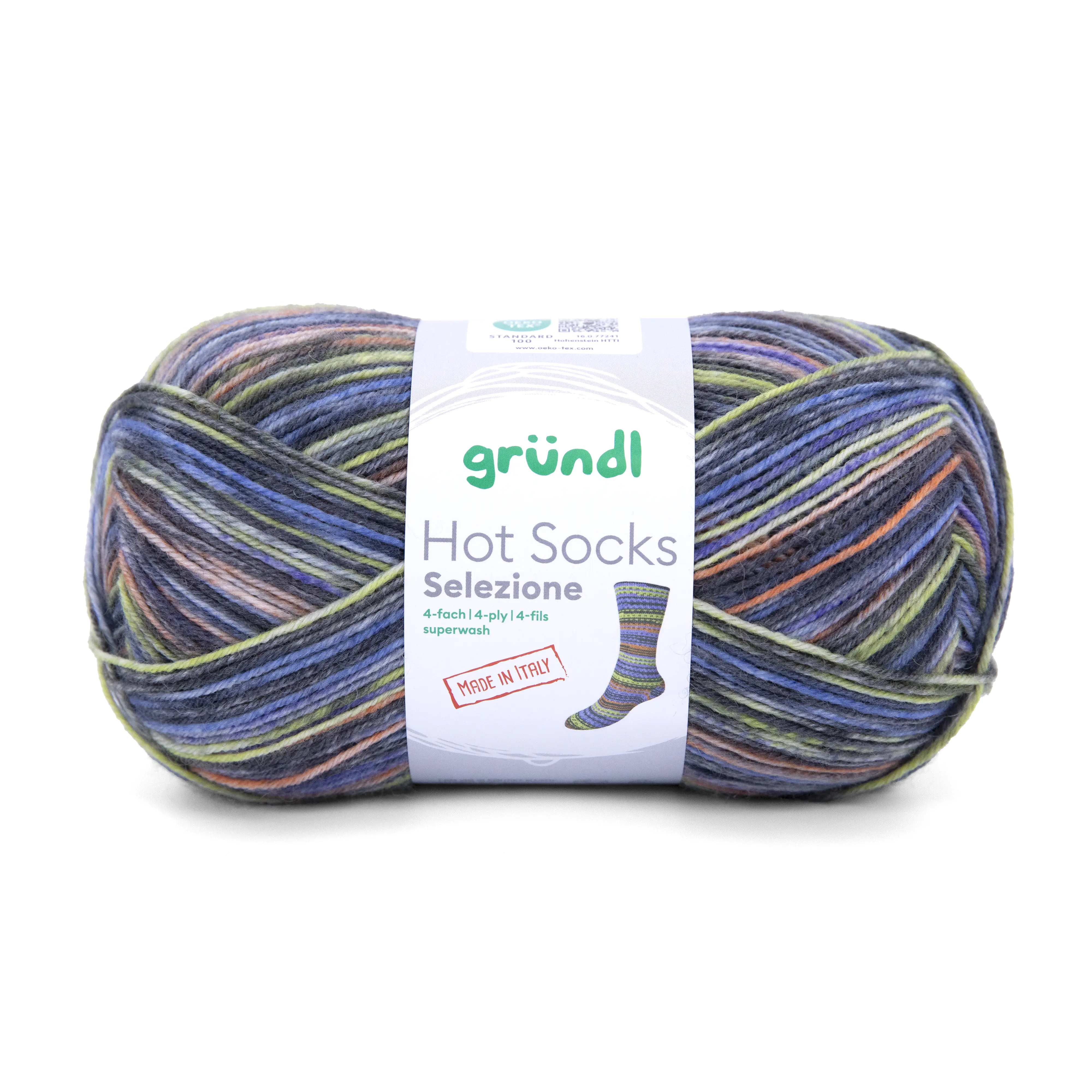 Gründl Sockenwolle Hot Socks 100 g 4-fach, limette-lachsorange-schwarzgrau-violettblau