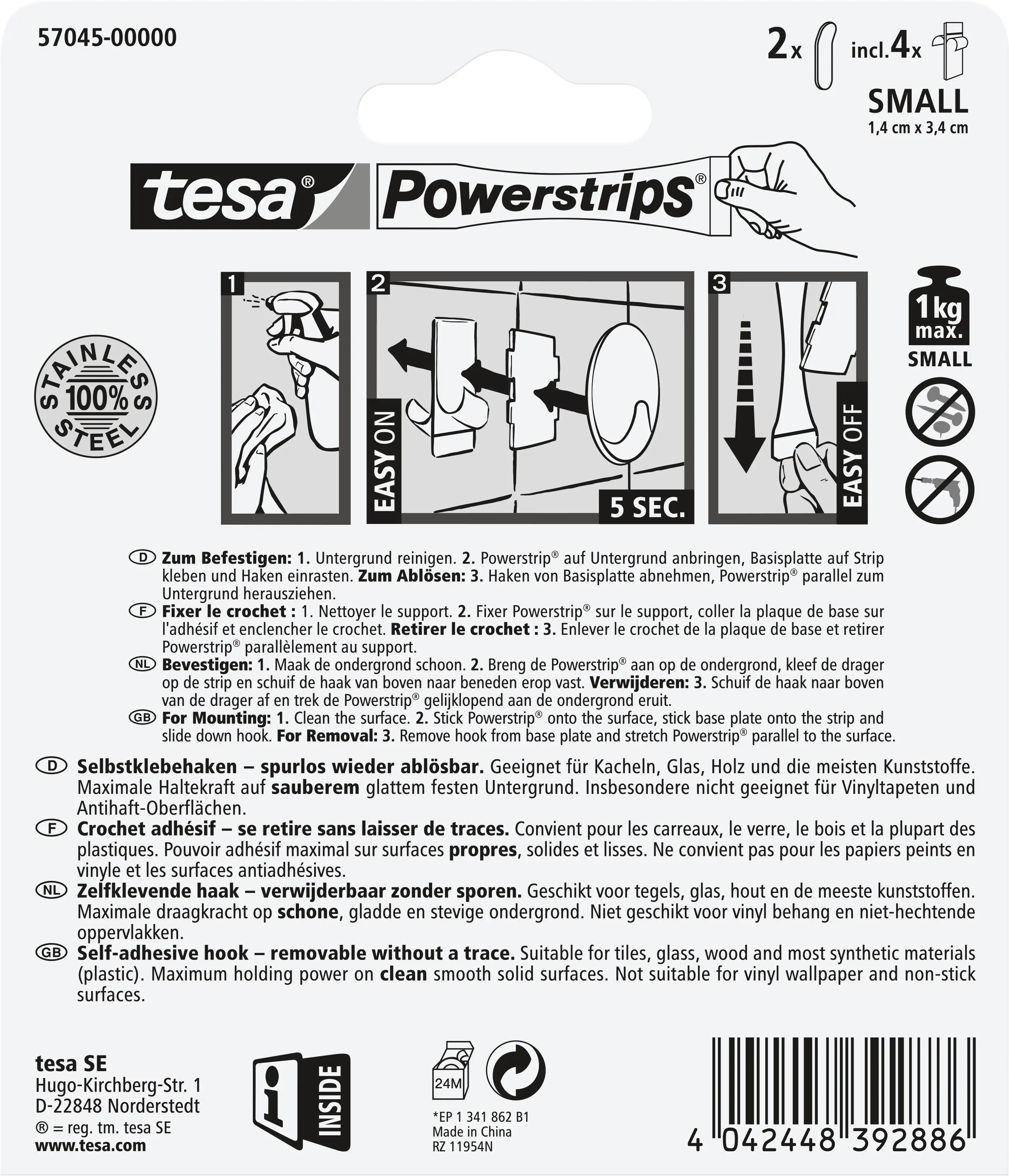 tesa Powerstrips Haken Small rechteckig, Edelstahl
