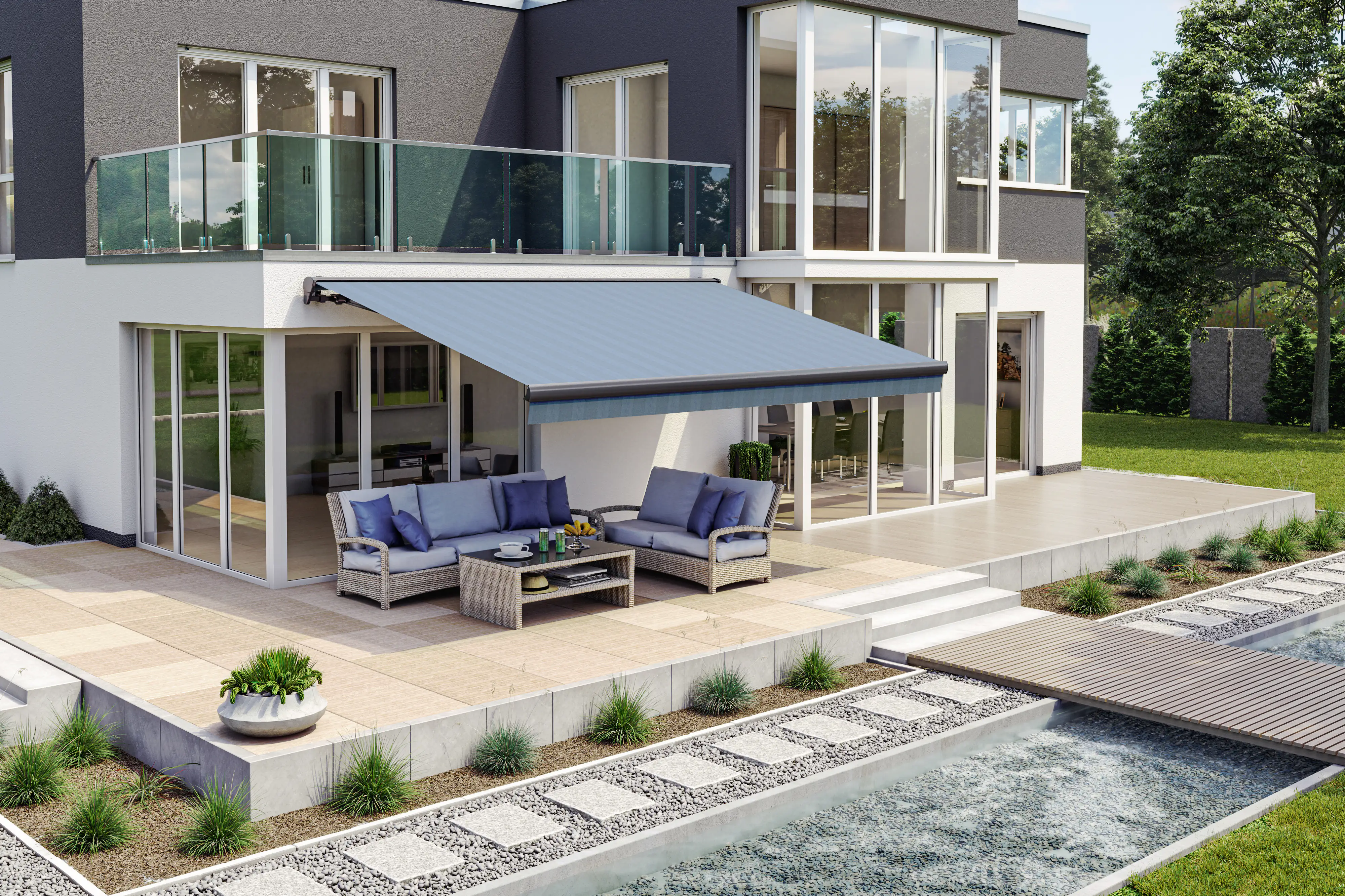 Teilhülsenmarkise blau-schwarz gestreift  Teilhülsenmarkise blau-schwarz gestreift